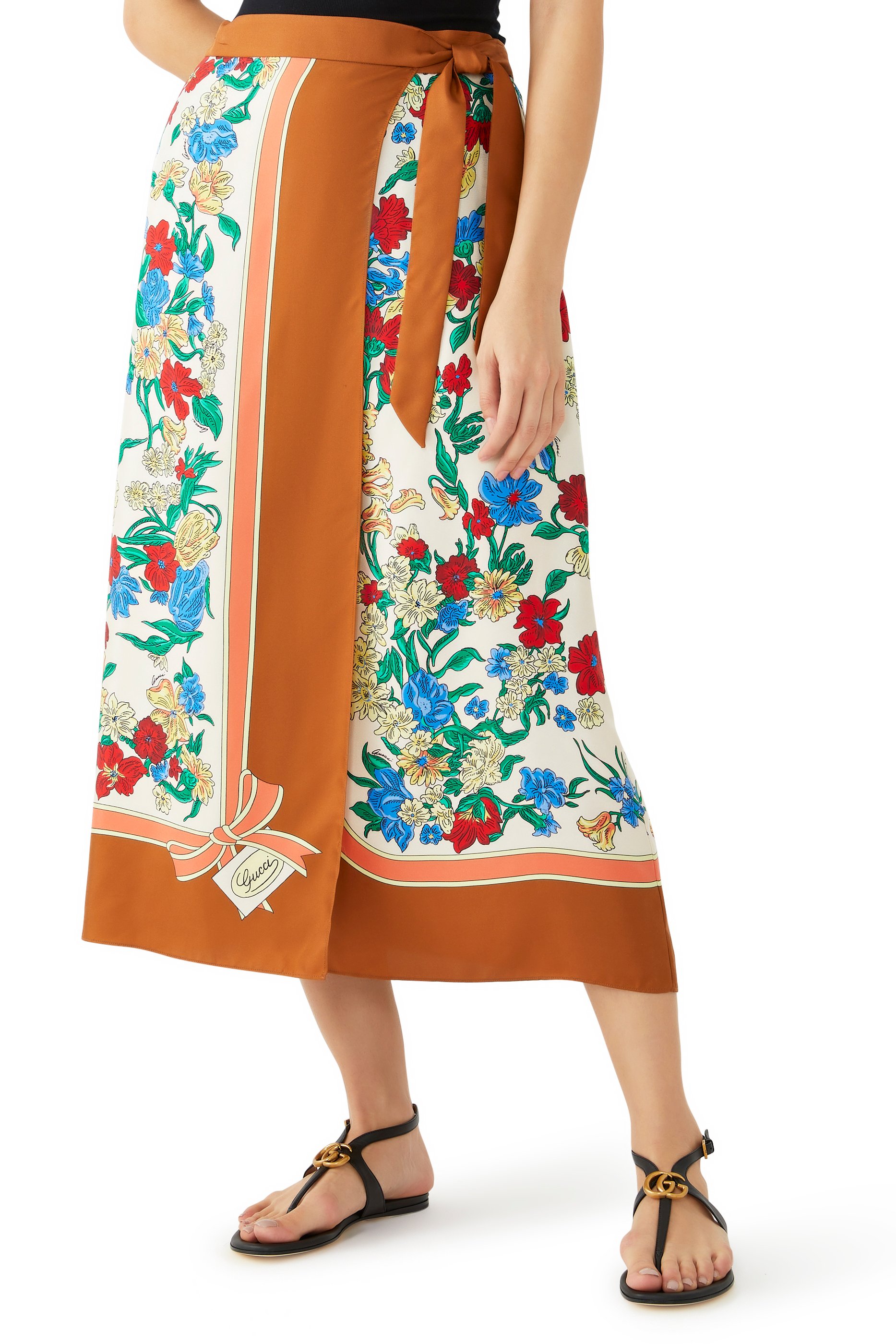 Floral-Print Silk Skirt