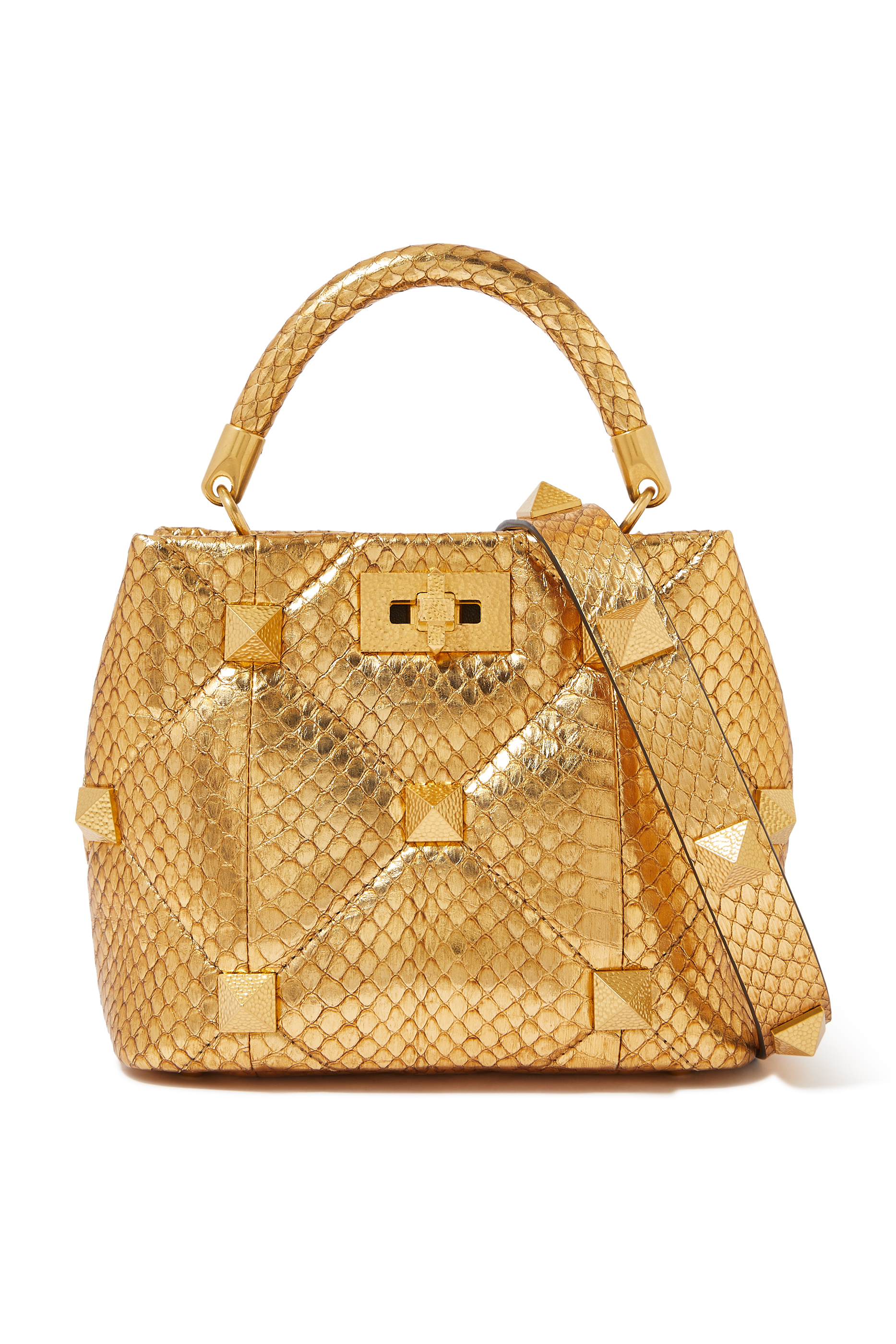 Valentino Garavani Small Roman Stud The Handle Bag In Metallic Snakeskin