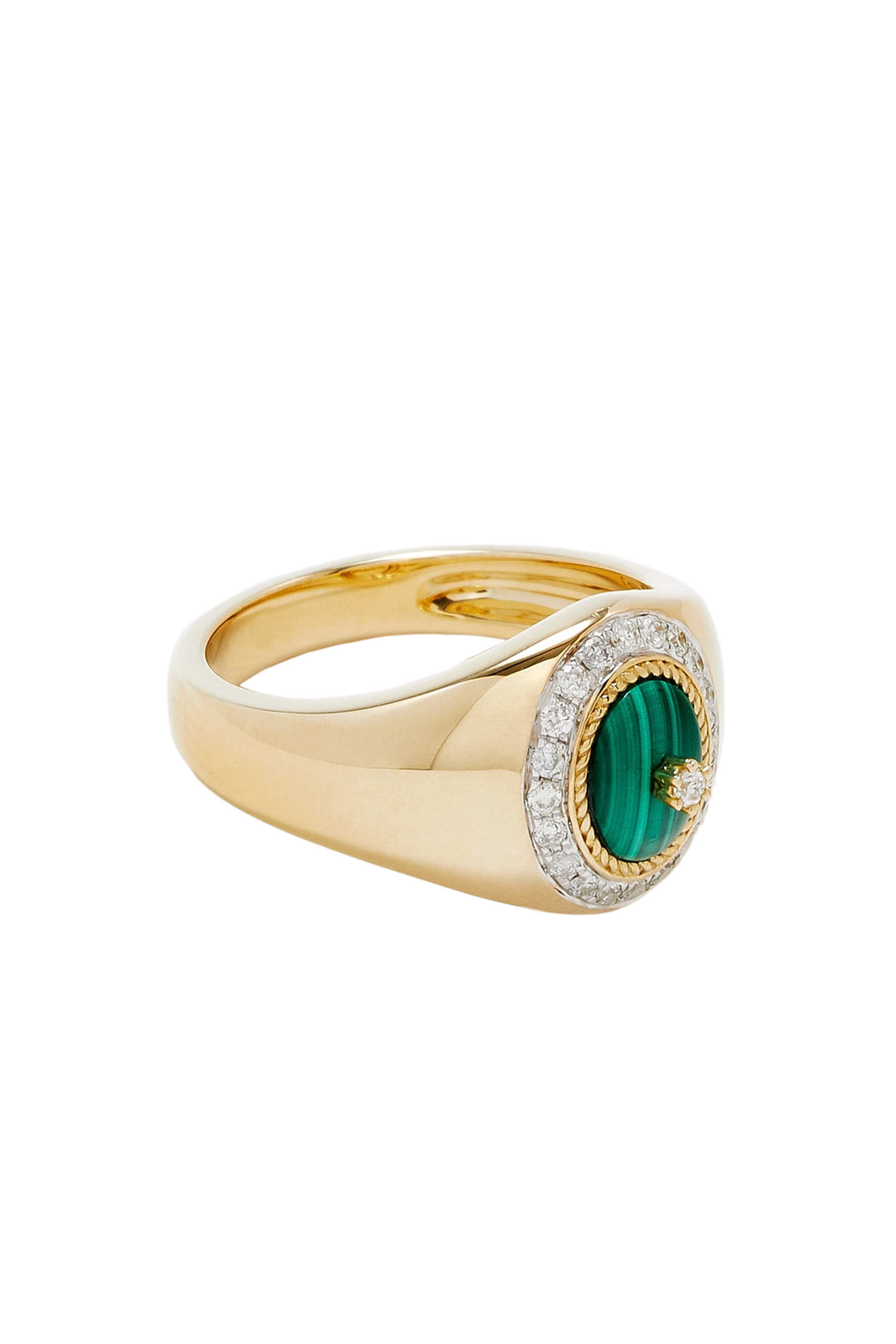 Mini Pompadour Pinky Ring, 18k Yellow Gold with Torsades Malachite & Diamonds