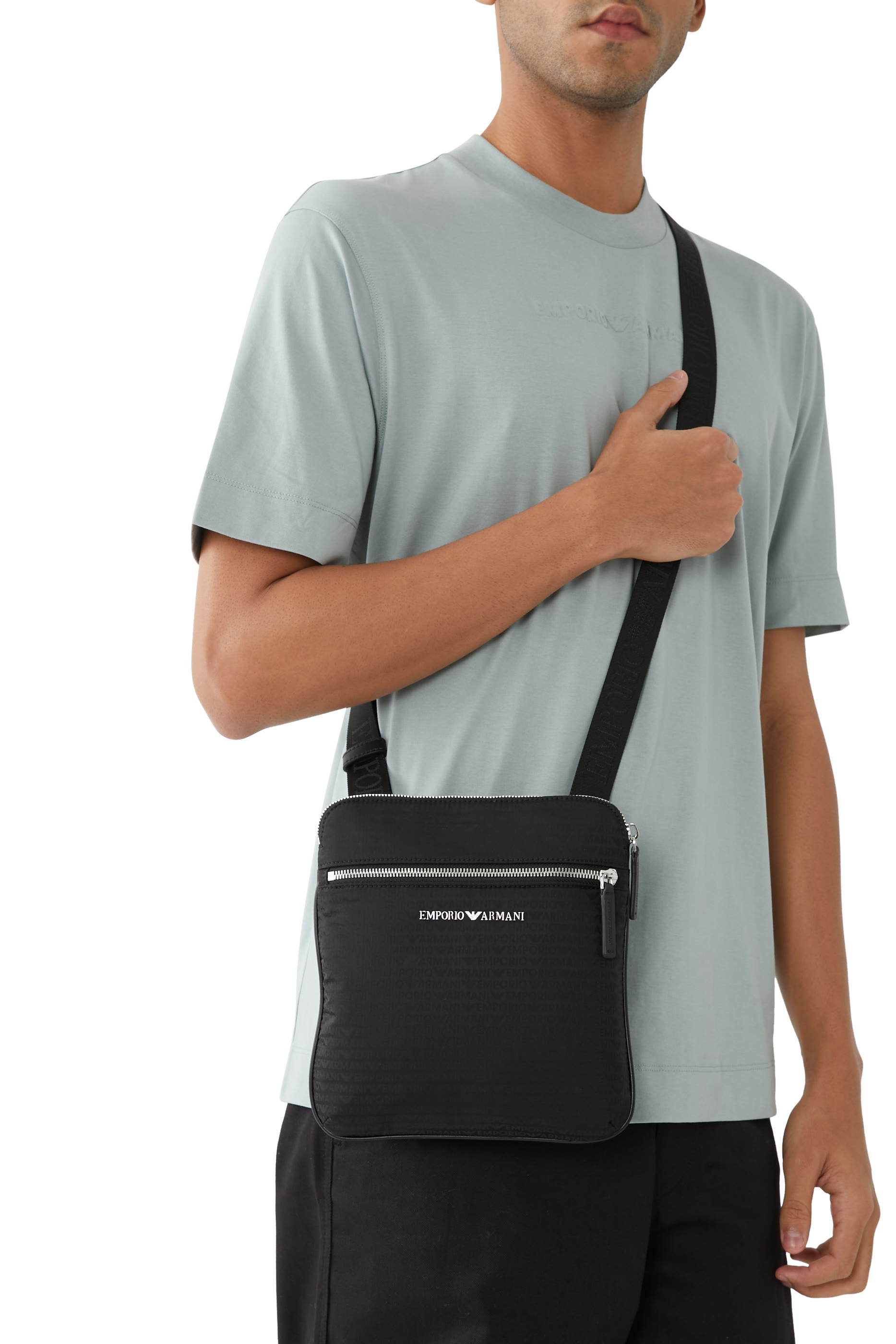 Flat Shoulder Bag in Nylon with All-Over Jacquard Logo Lettering