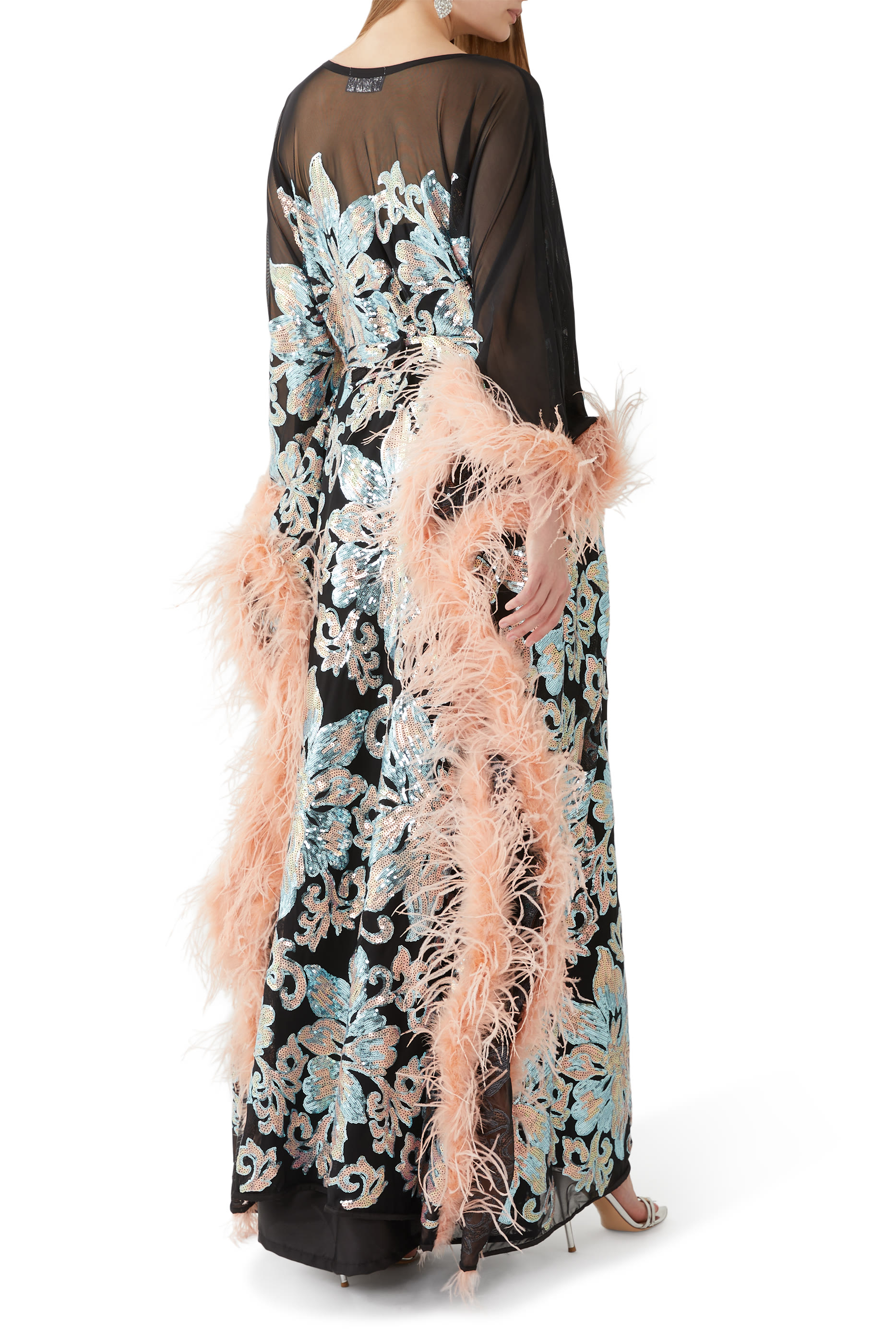 Sequin Embroidery and Feather Trim Kaftan