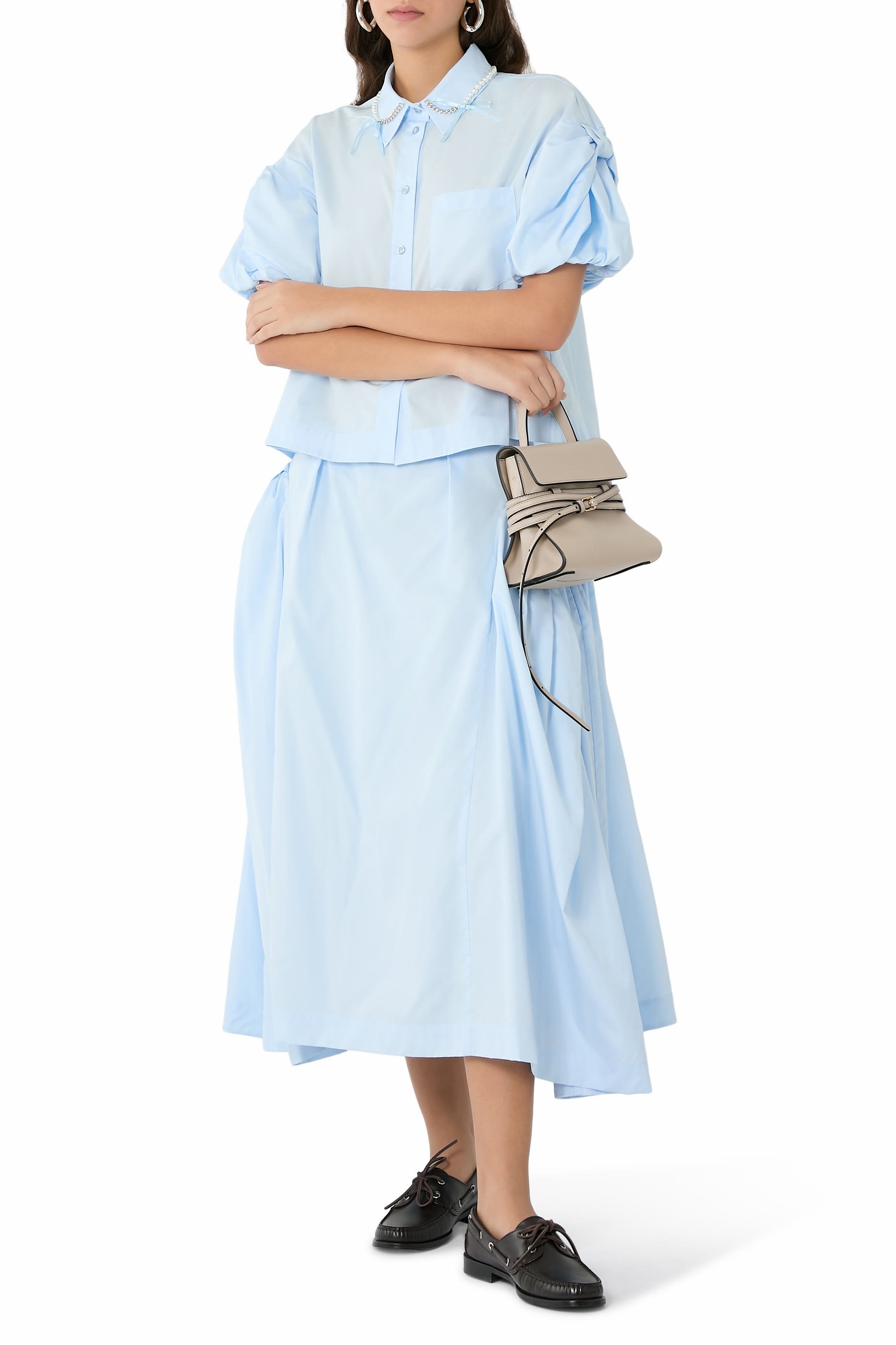 Cropped Bow Puff Sleeves Shirt