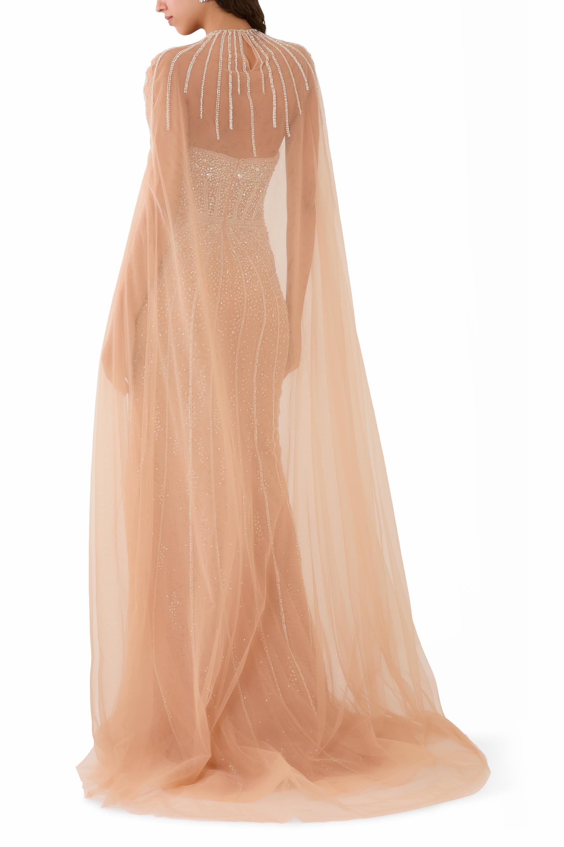 Elegant Cape Gown with Beaded Bodice and High Neckline