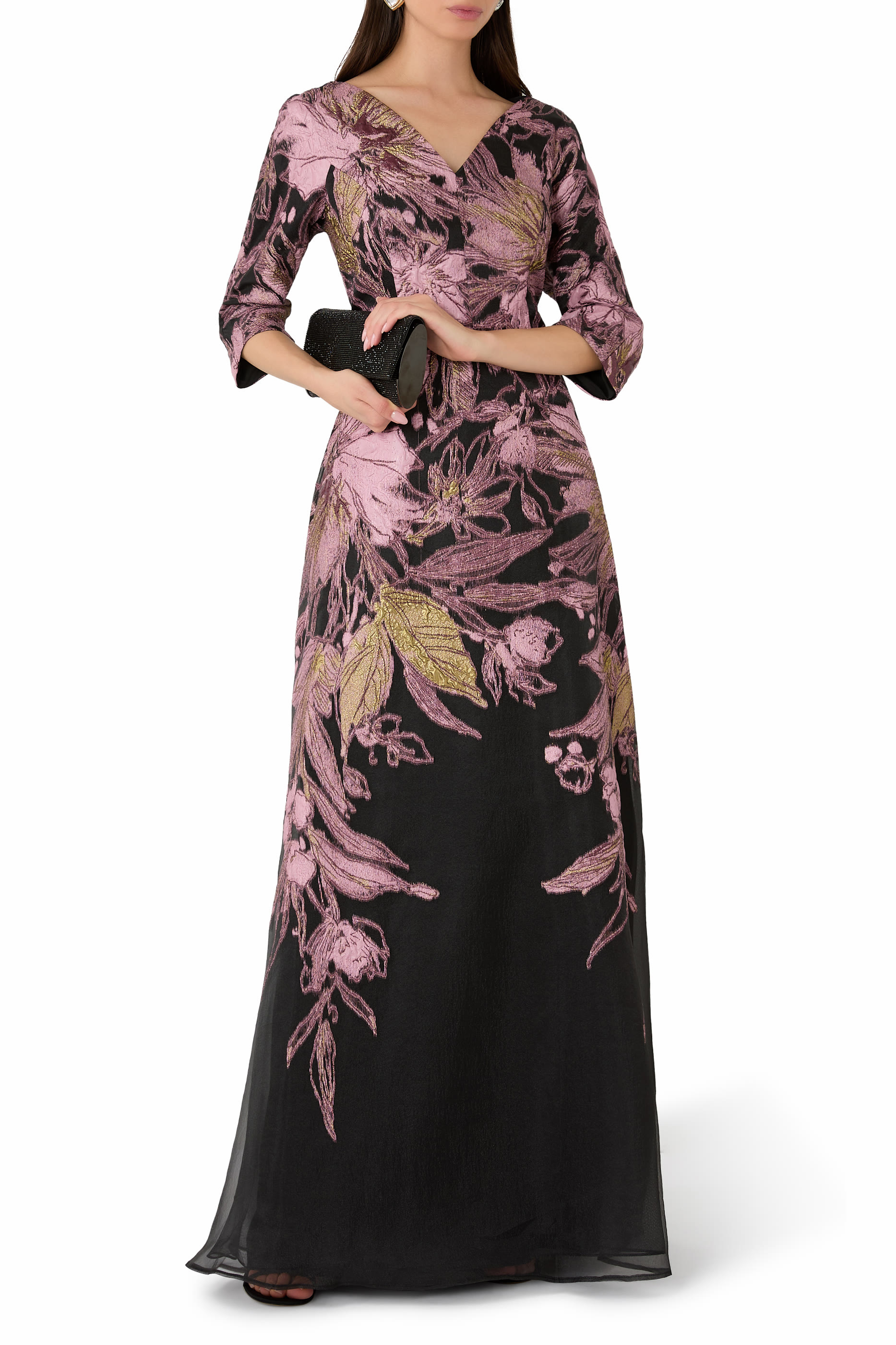 Metallic Jacquard Floral V-Neck Gown
