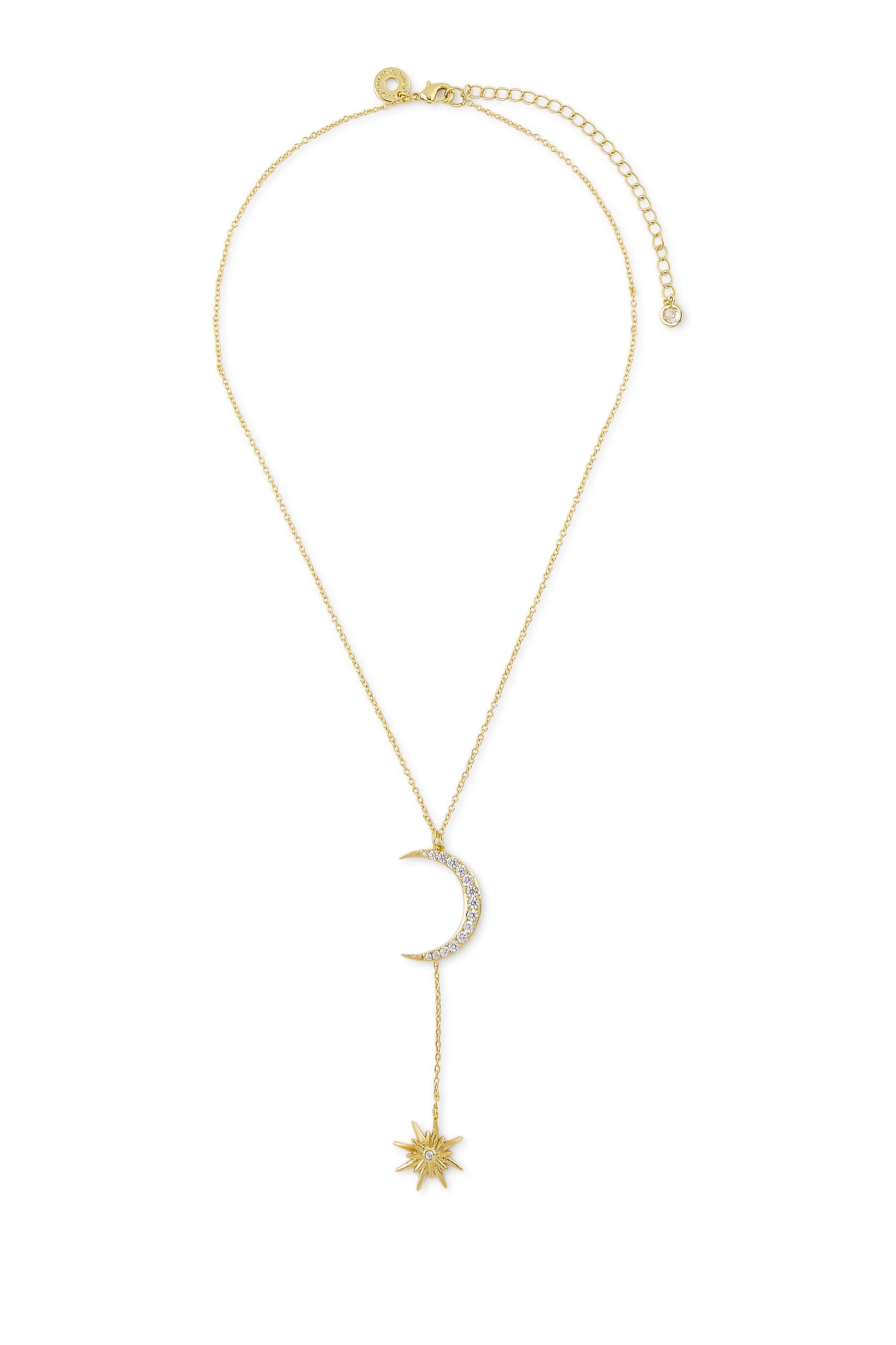 Celestial Moon and Star Necklace, Yellow Gold Plated Brass & Cubic Zirconia