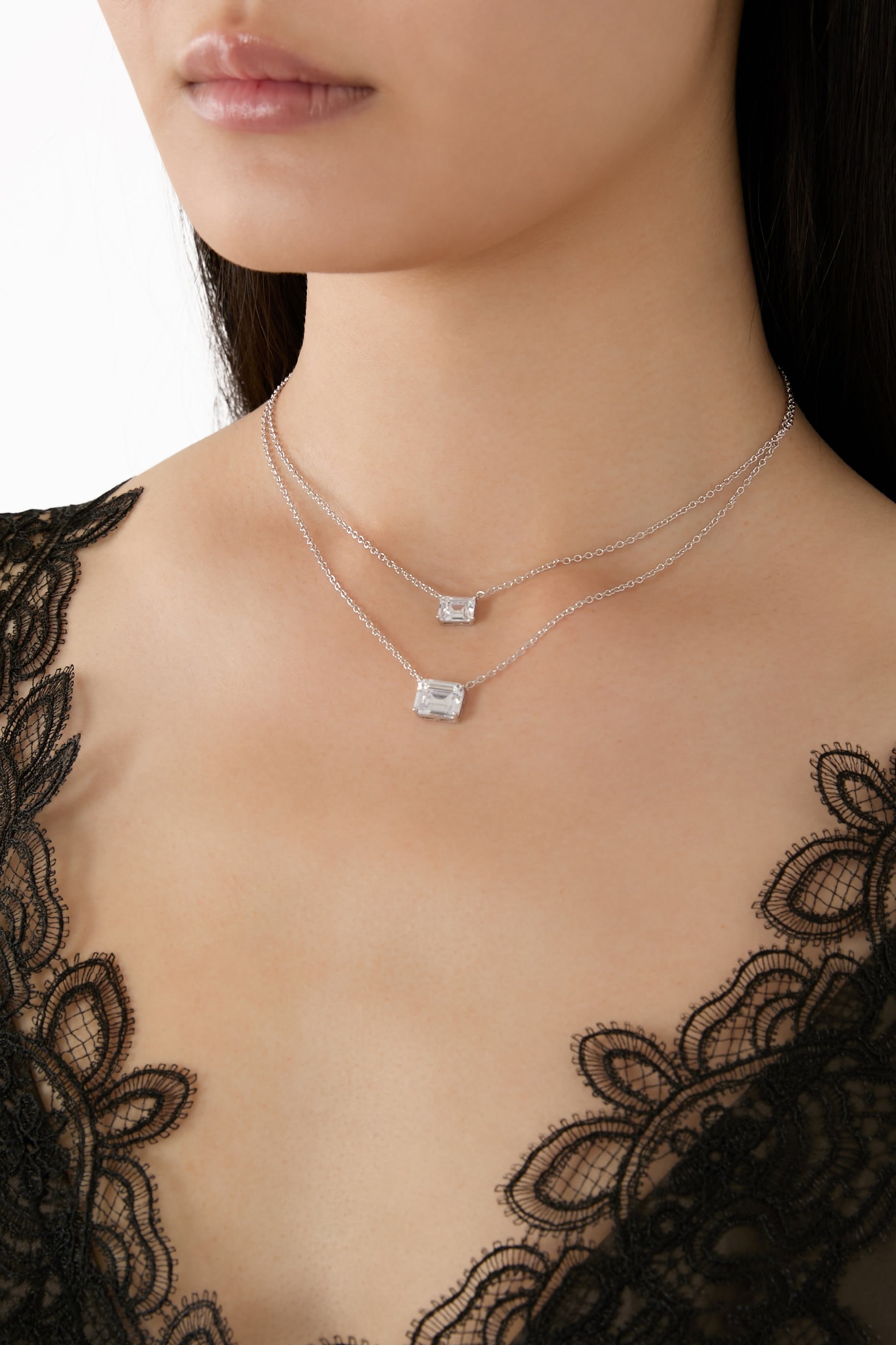  Double Layer Pendant Necklace, Rhodium-Plated Brass & Cubic Zirconia
