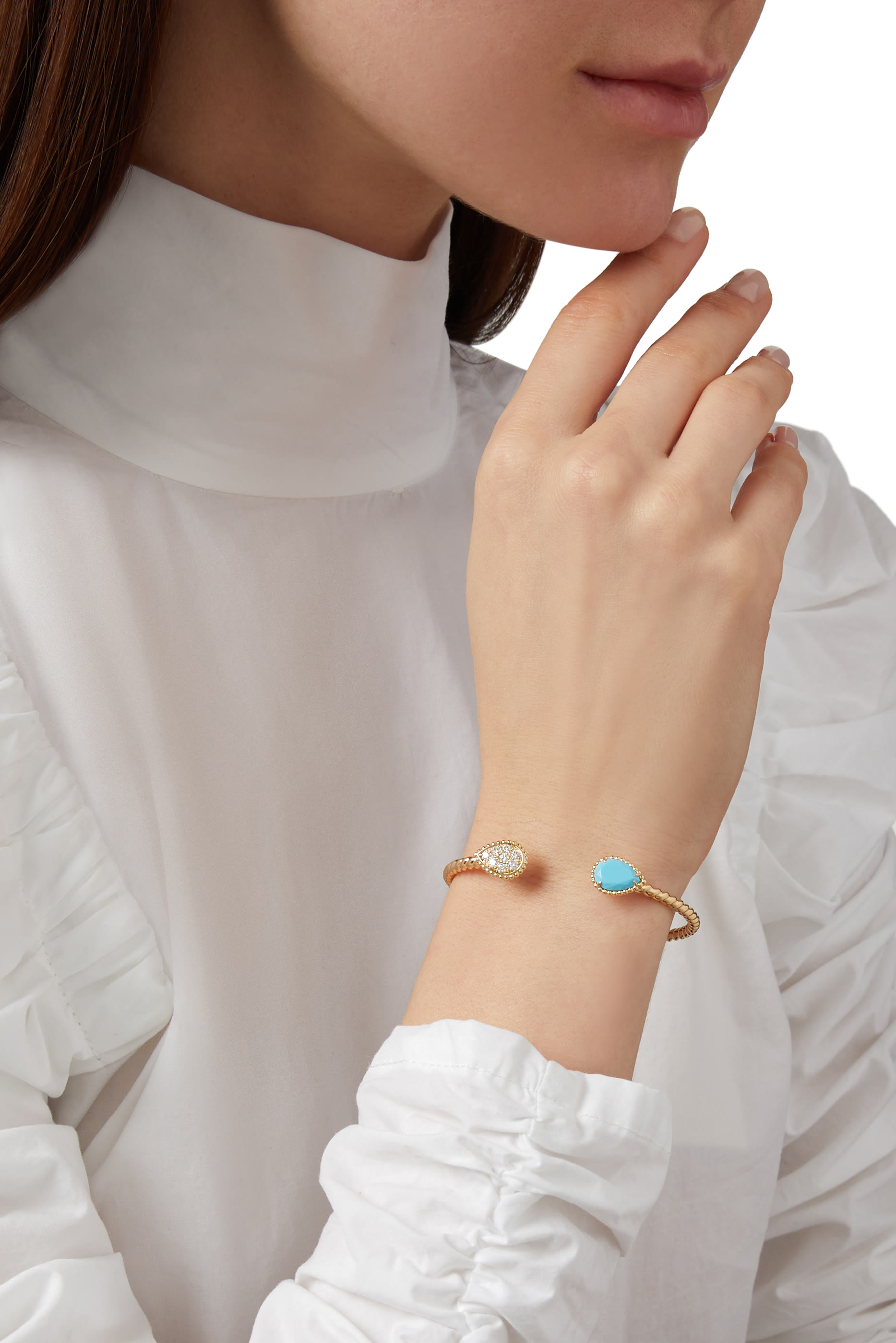 Serpent Boh&egrave;me double motif bracelet, set with a turquoise, paved with diamonds, in yellow gold