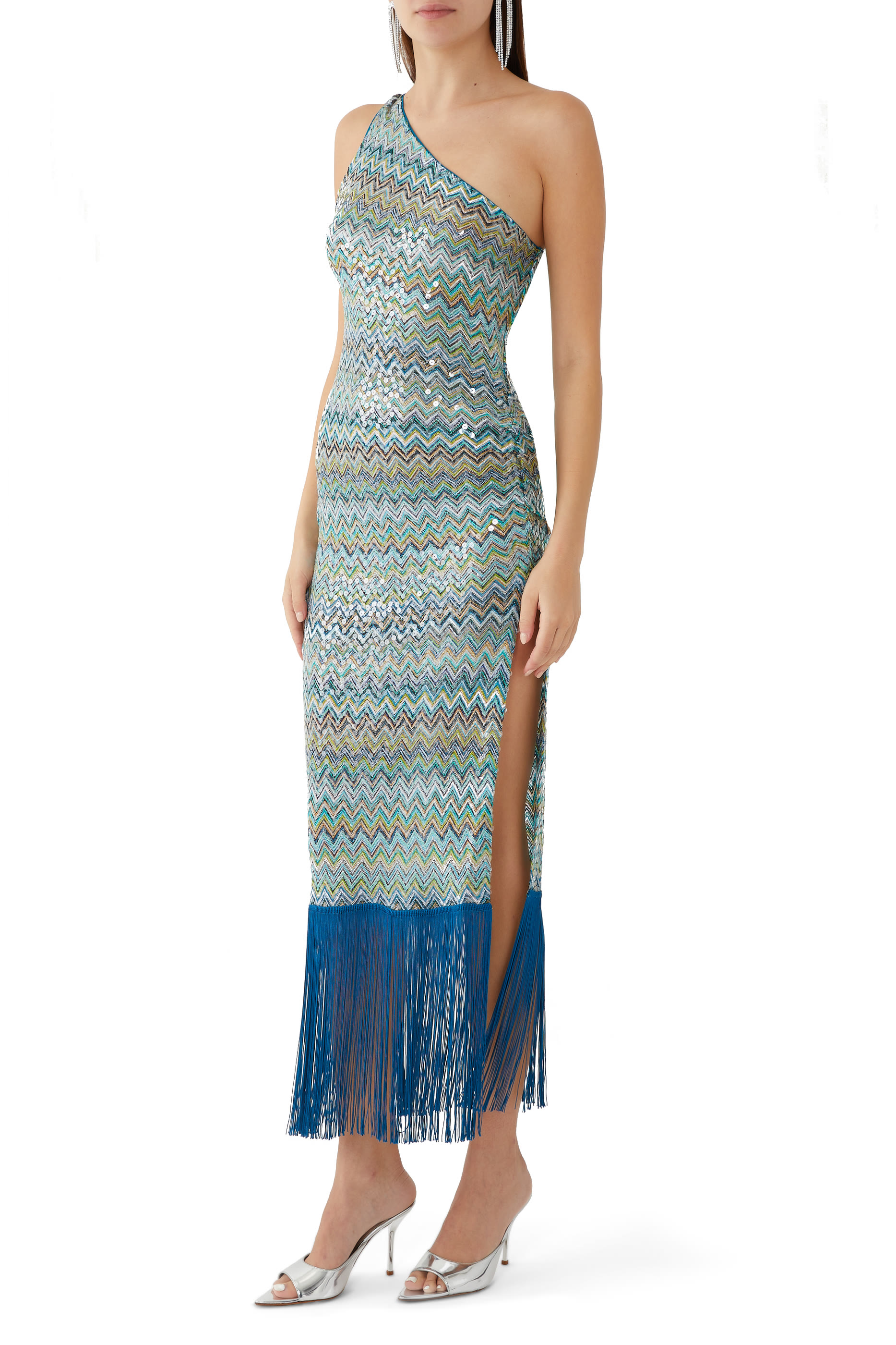 Exclusive Mare Chevron Raschel Sequinned Fringed Maxi Dress