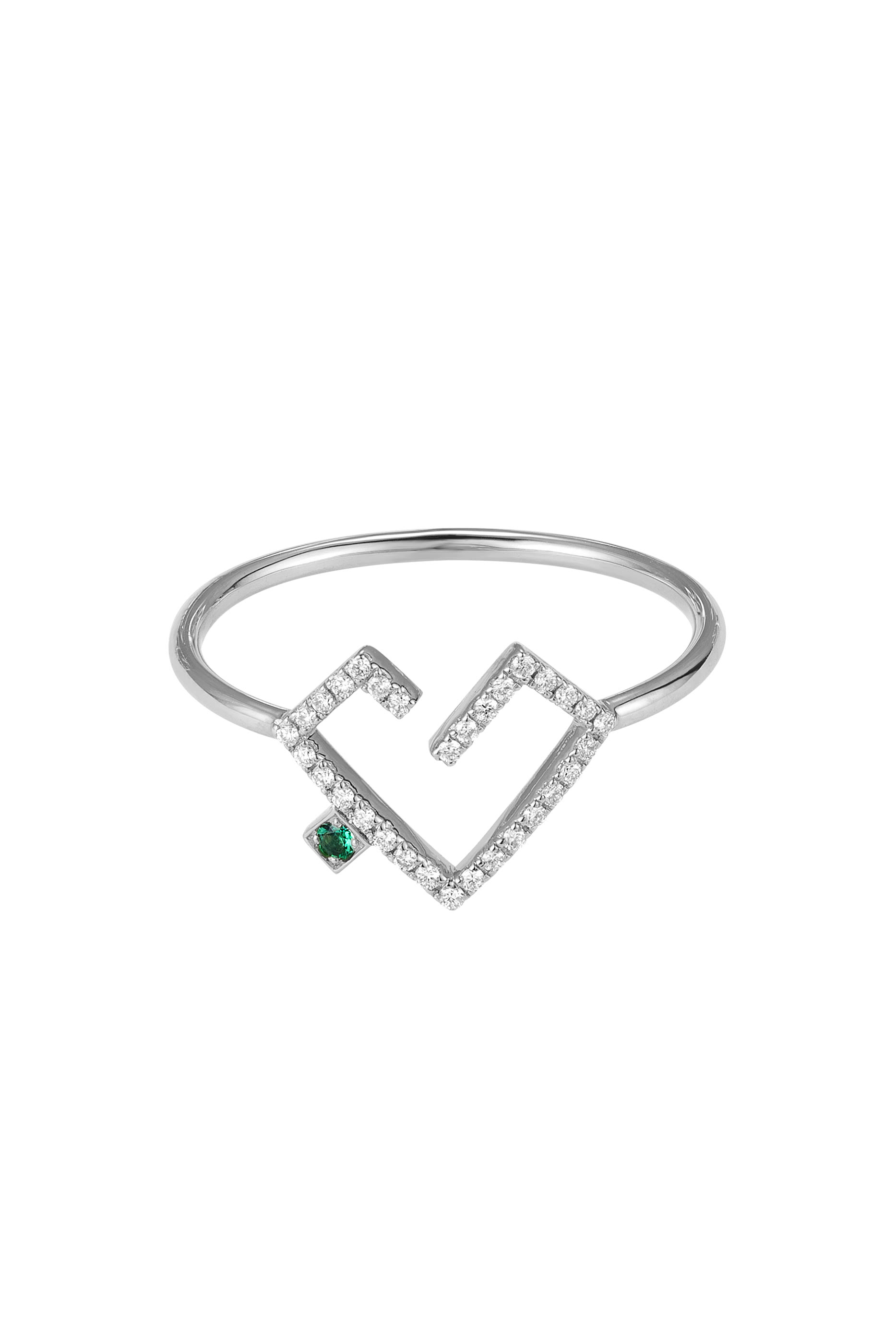 Hubb Ring, 18k White Gold with Diamonds & Emerald