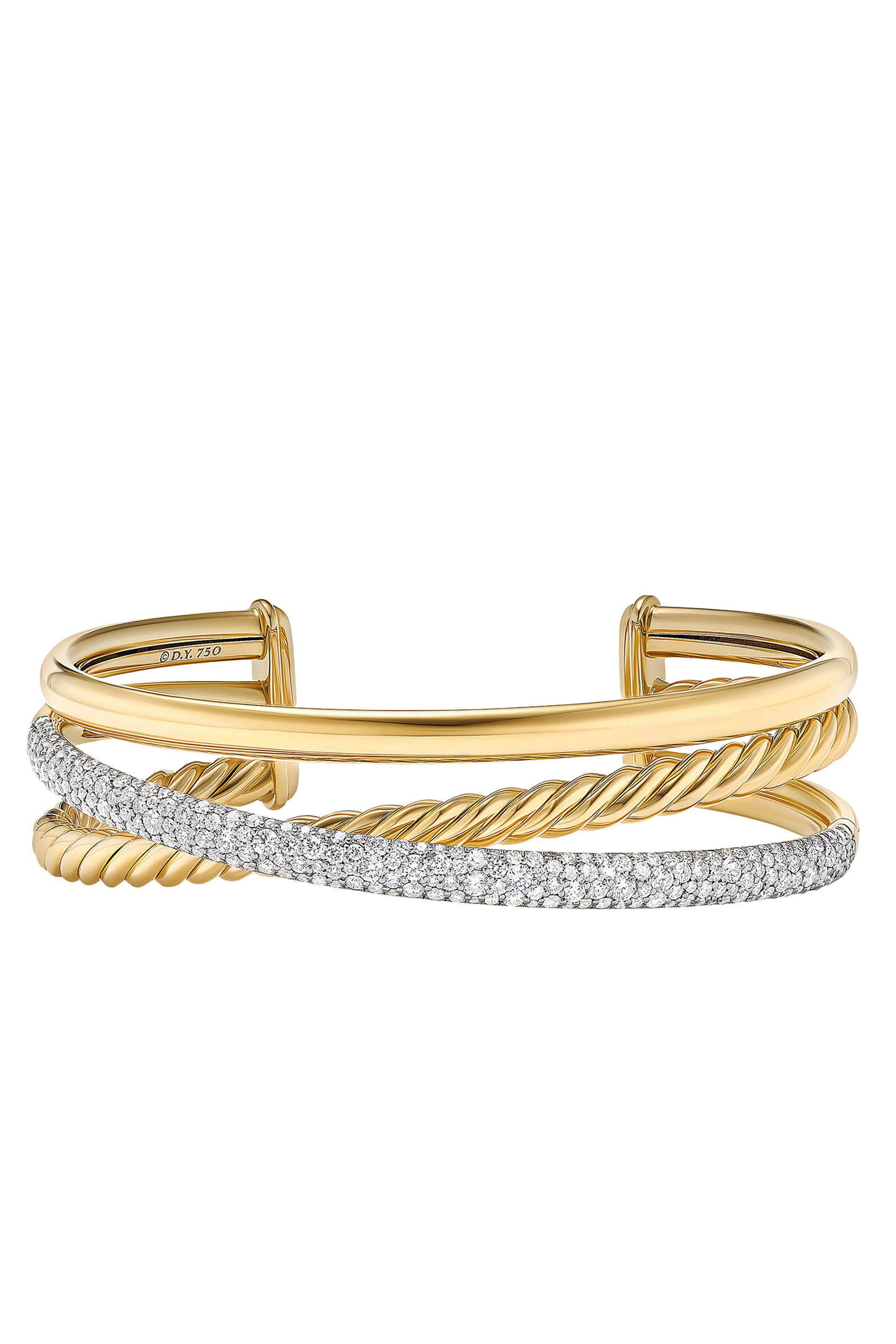 Pav&eacute; Crossover Three Row Cuff Bracelet, 18k Yellow Gold & Diamonds