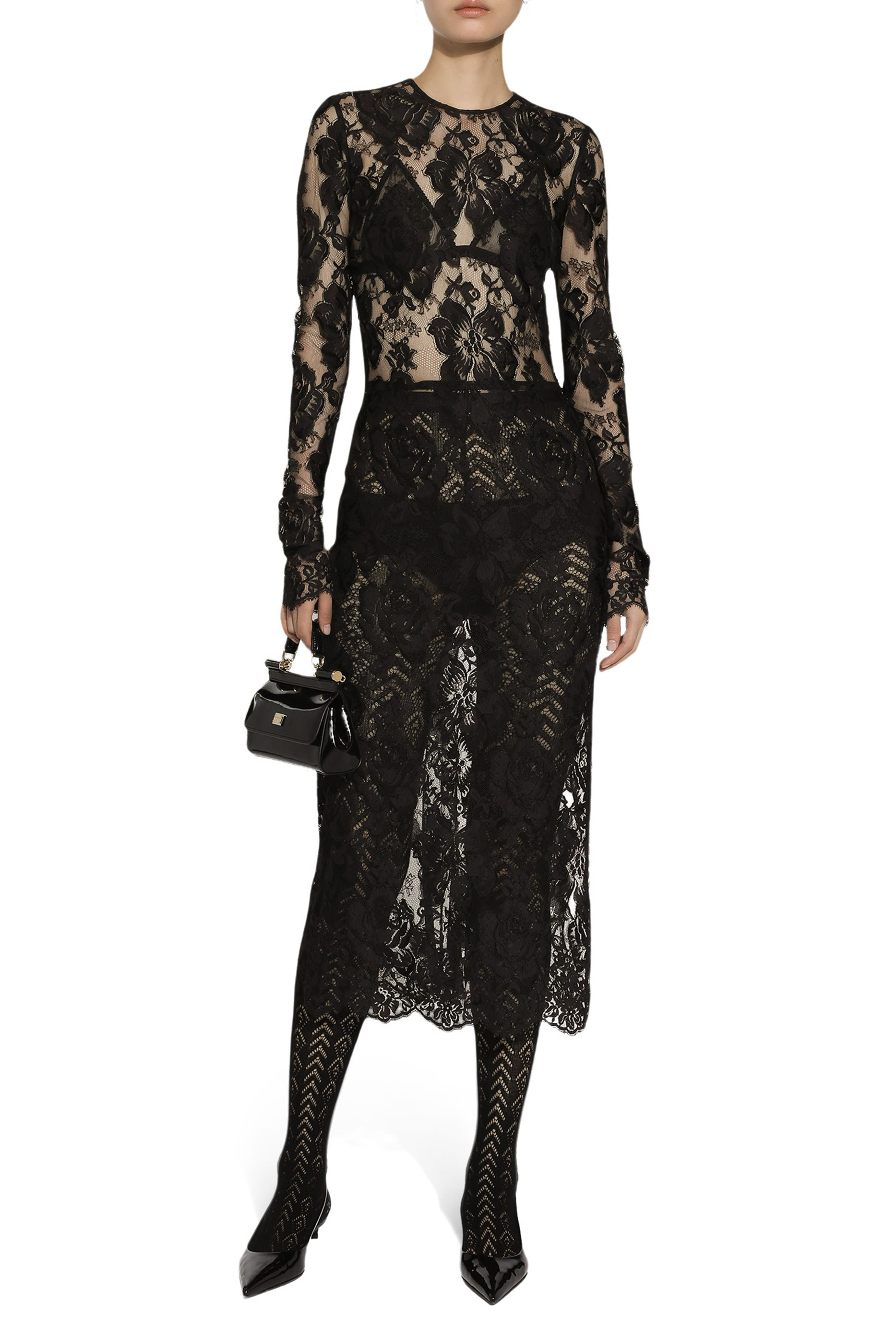 Calf-length Floral Lace Dress