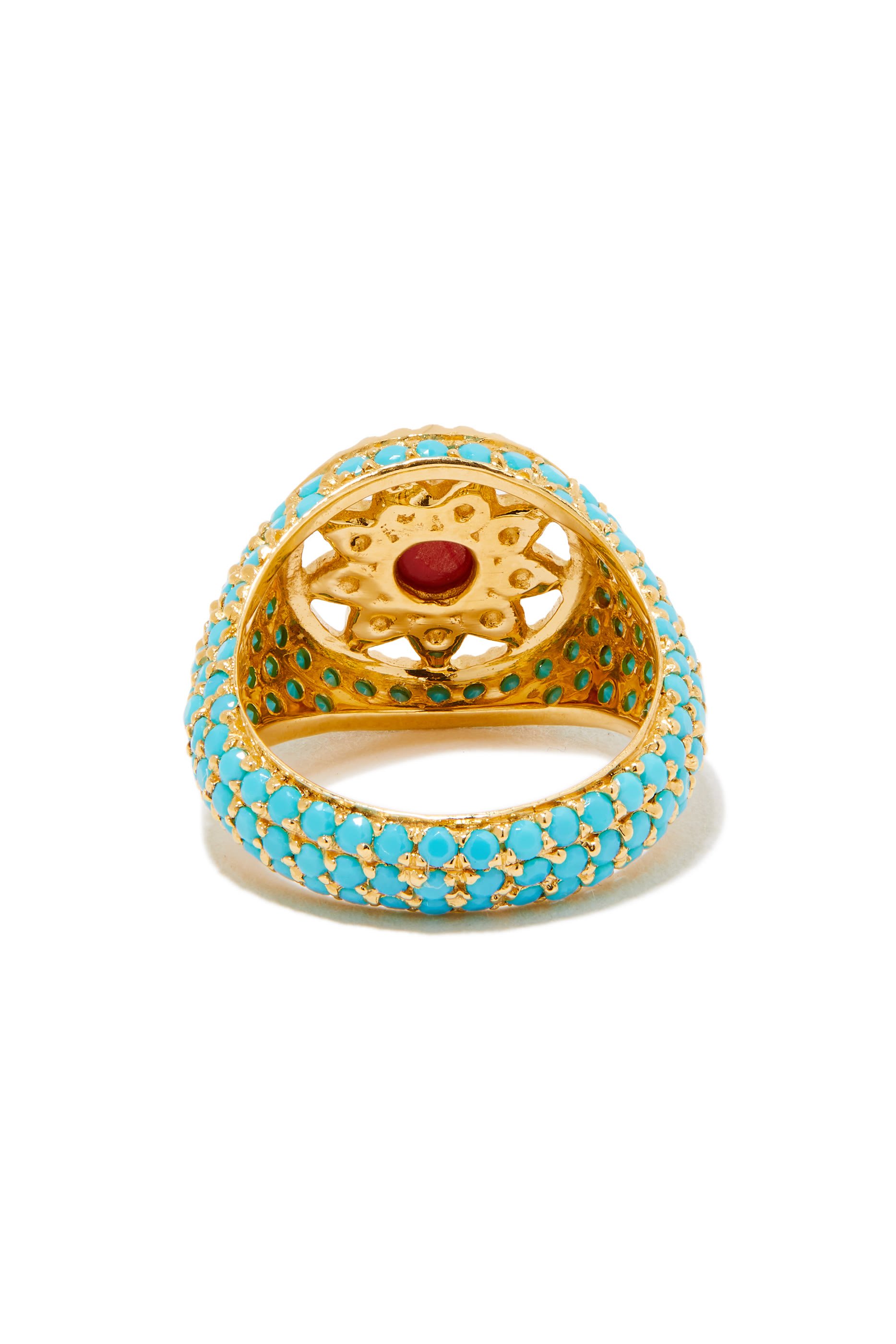 Arabesque Pinky Ring, 18k Yellow Gold with Turquoise, Mother-of-Pearl, Coral & Diamonds