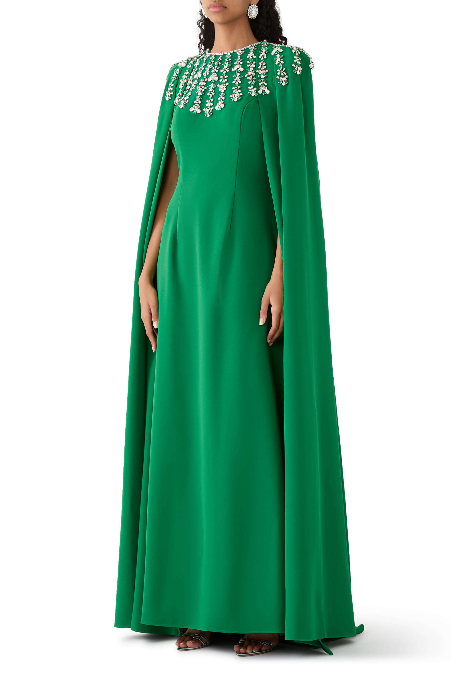 Embellished Cape-Sleeve Gown