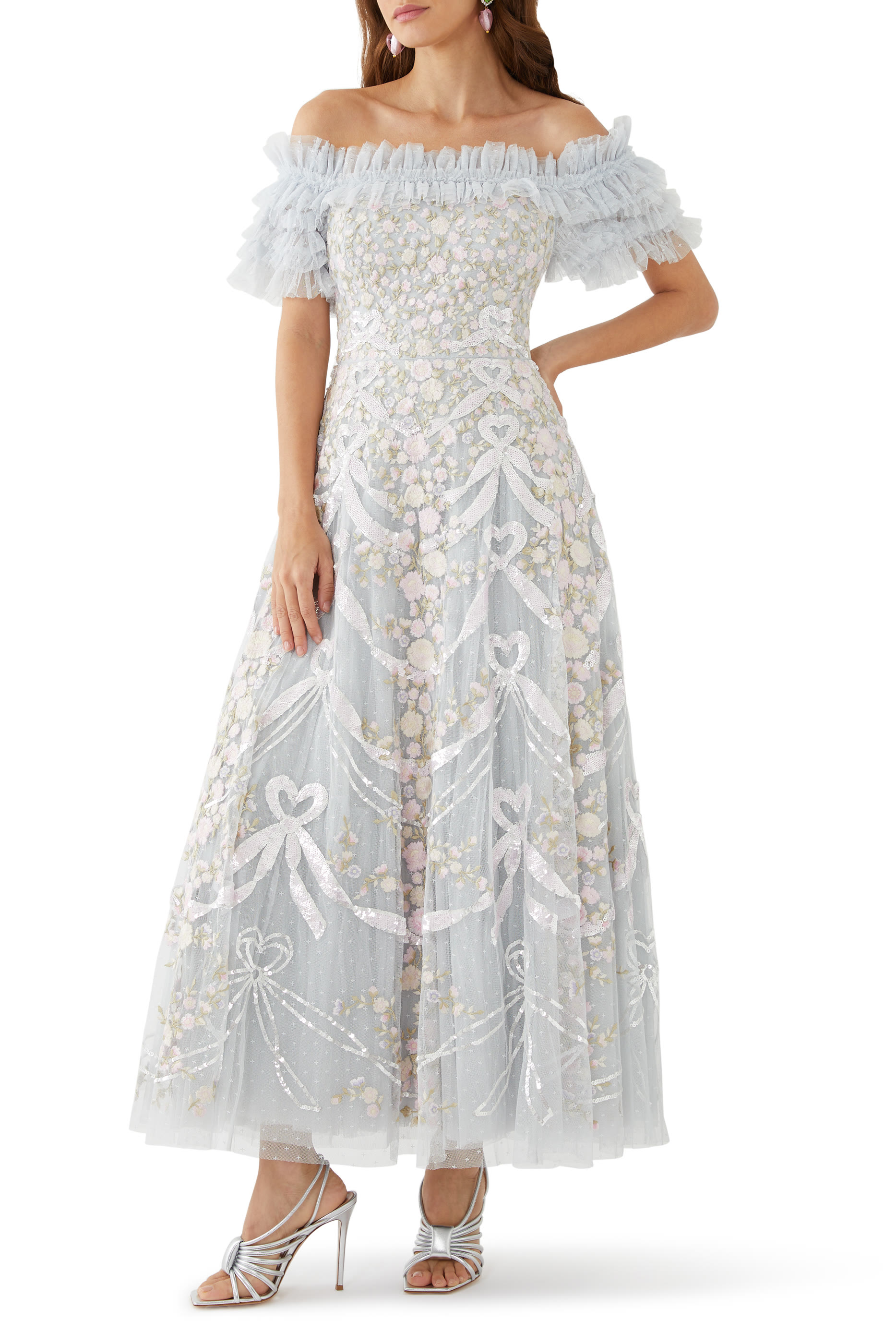 Ribbon Heart Off-Shoulder Ankle Gown