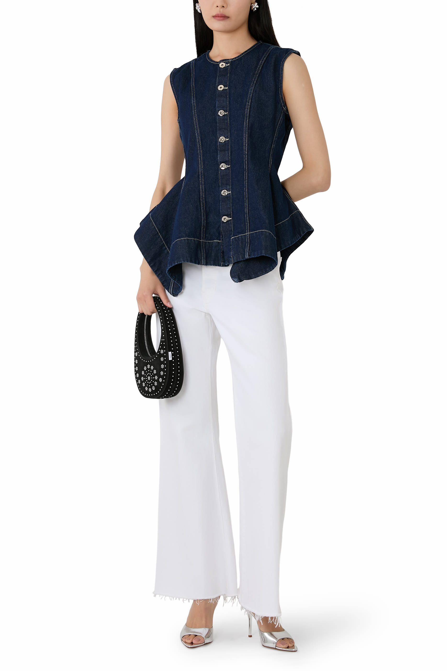Button-Up Denim Peplum Vest