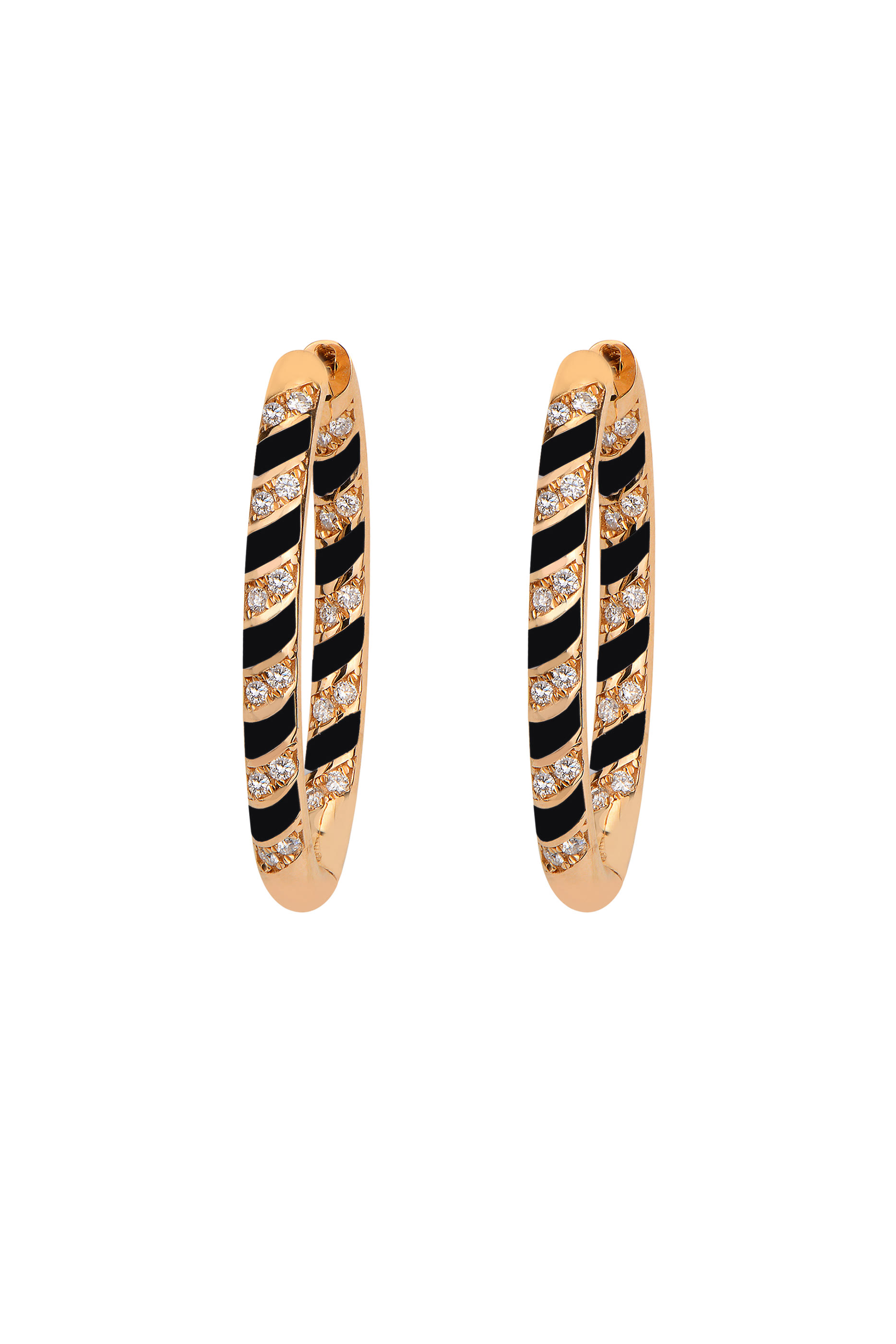 Tornado Hoop Earrings, 18k Pink Gold with Black Enamel and Diamonds