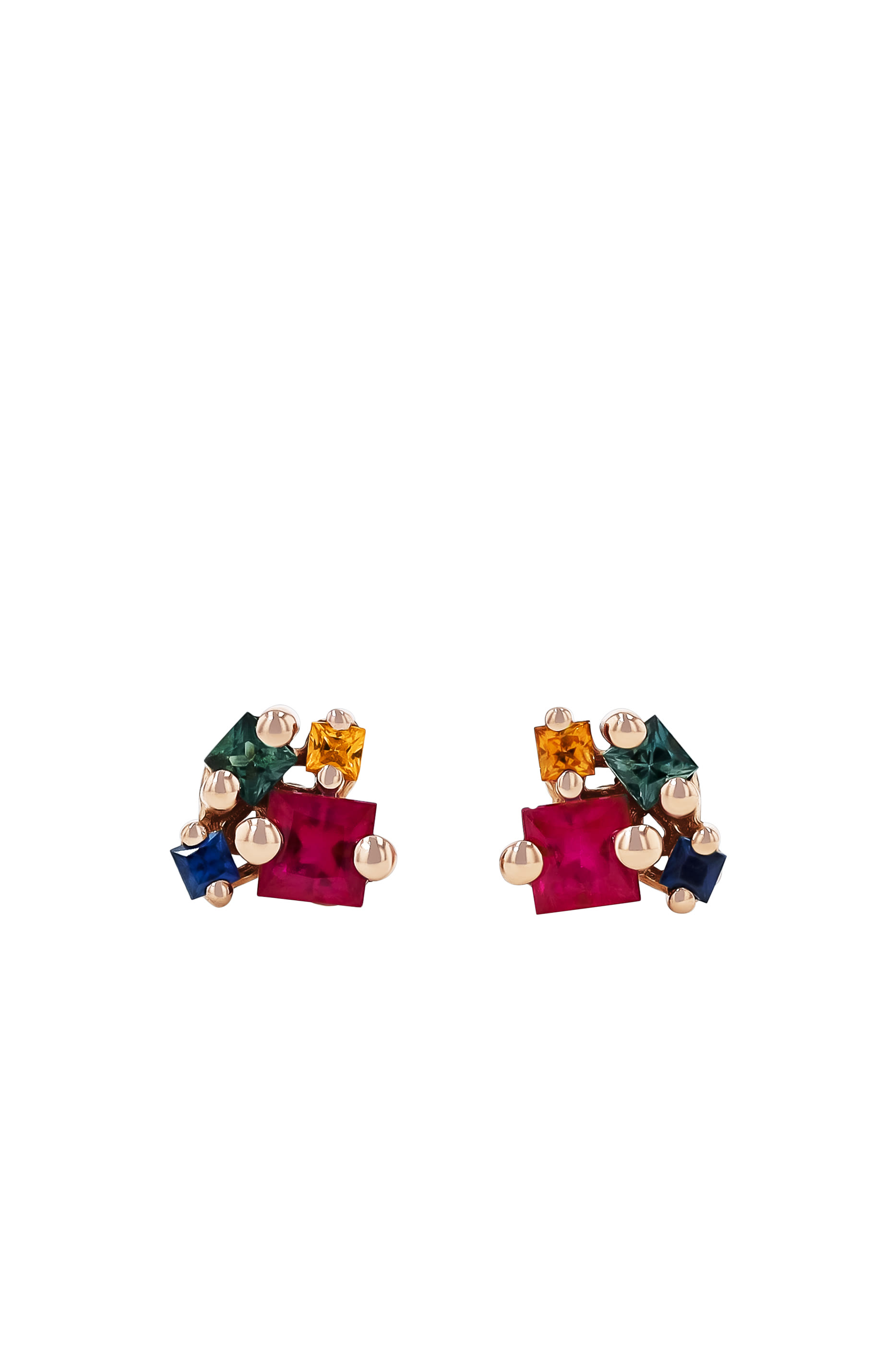 Rainbow Princess Cluster Studs, 18k Rose Gold & Sapphire
