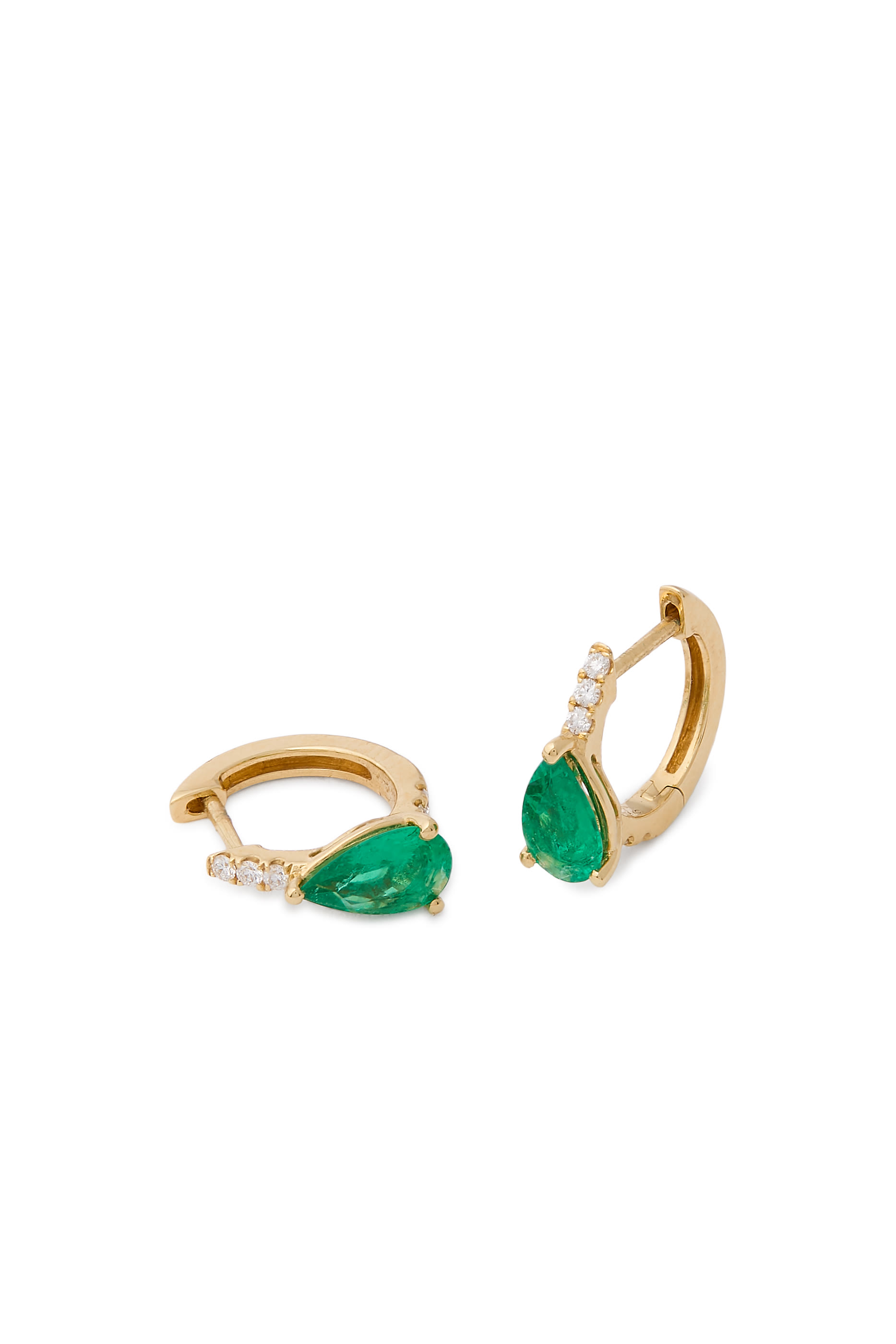 Large Pear Huggies, 18k Yellow Gold & Diamonds, Emerald