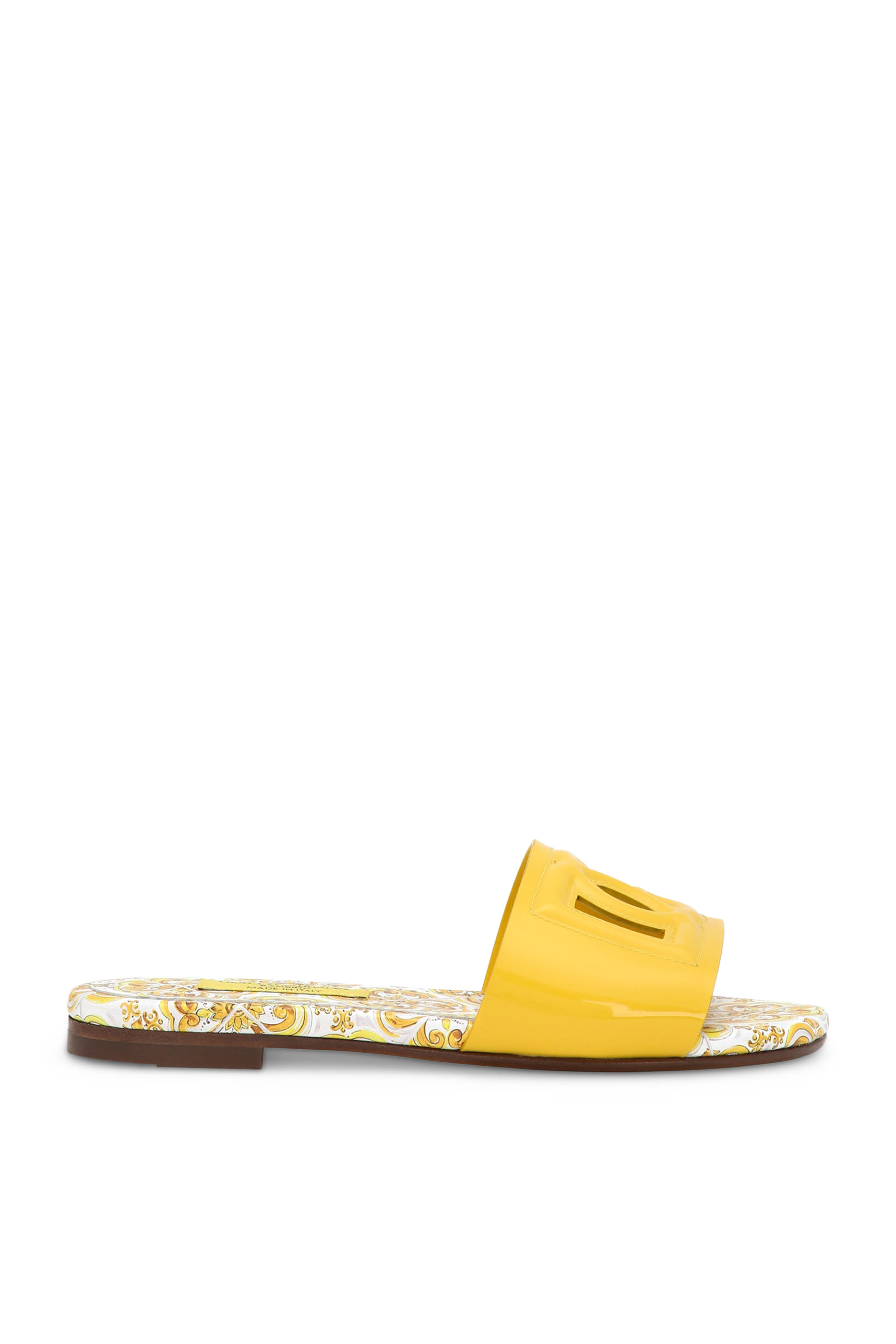 Kids Yellow Majolica Print and Cut-Out DG Detail Patent Leather Slides