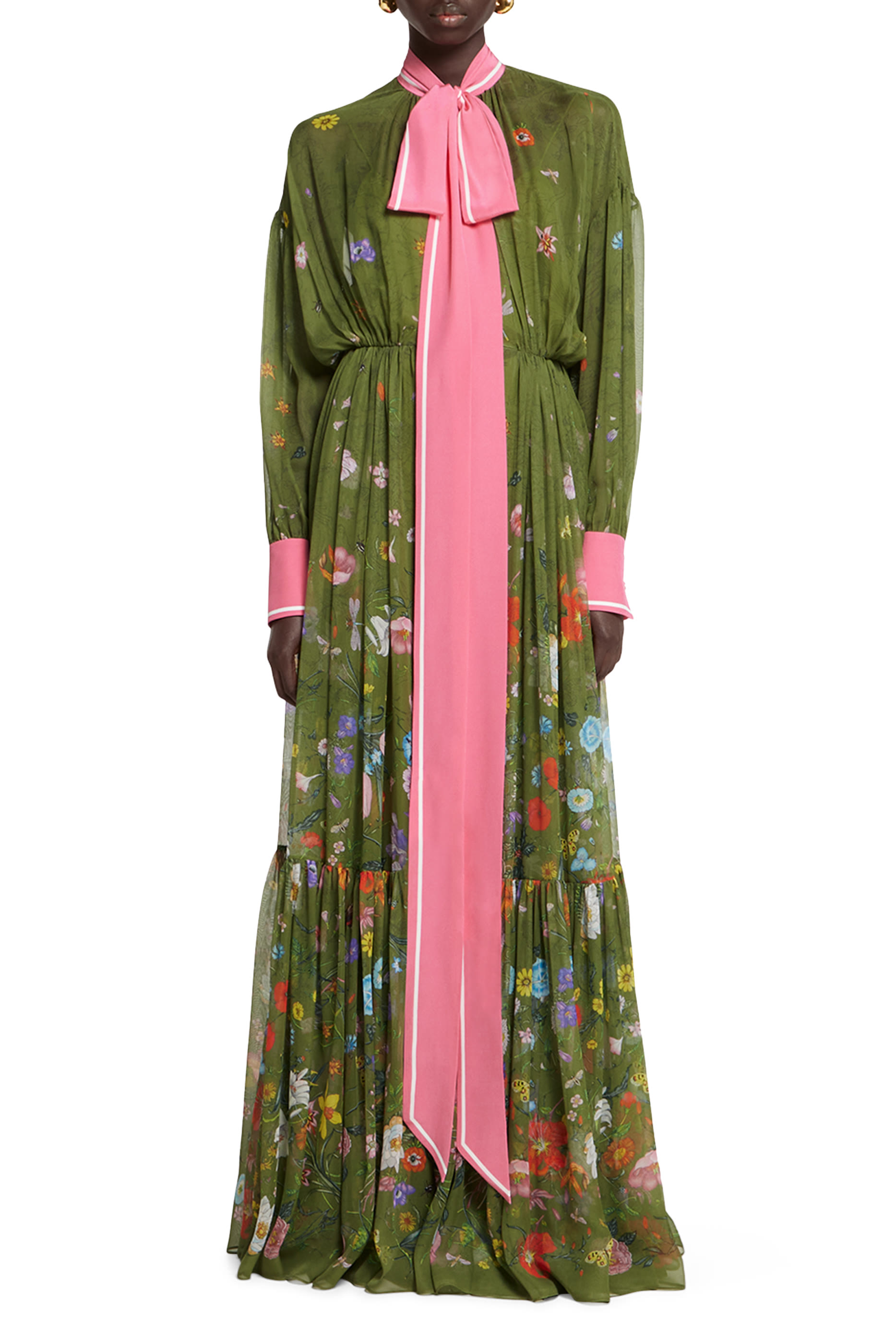 Floral Print Silk Pleated Maxi Dress