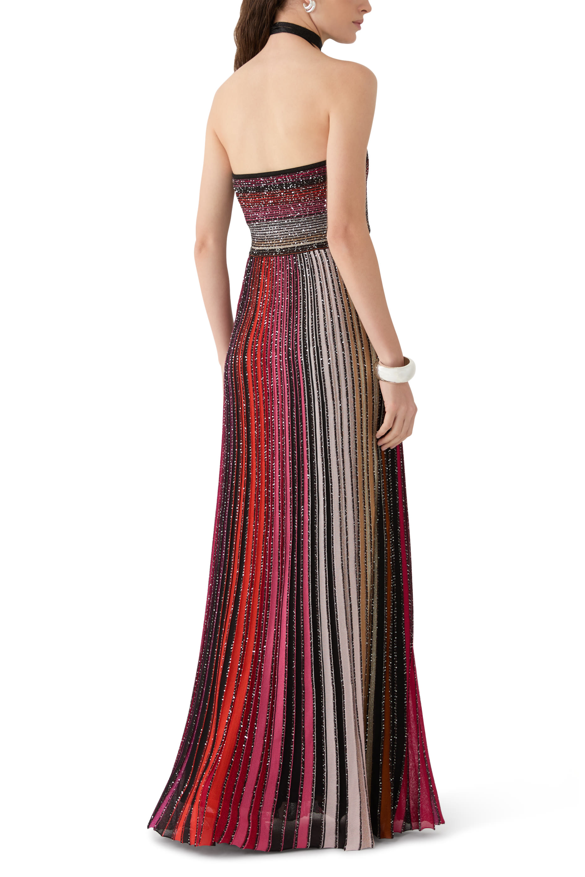 Long Striped Dress with Sequins and Neck Fastening