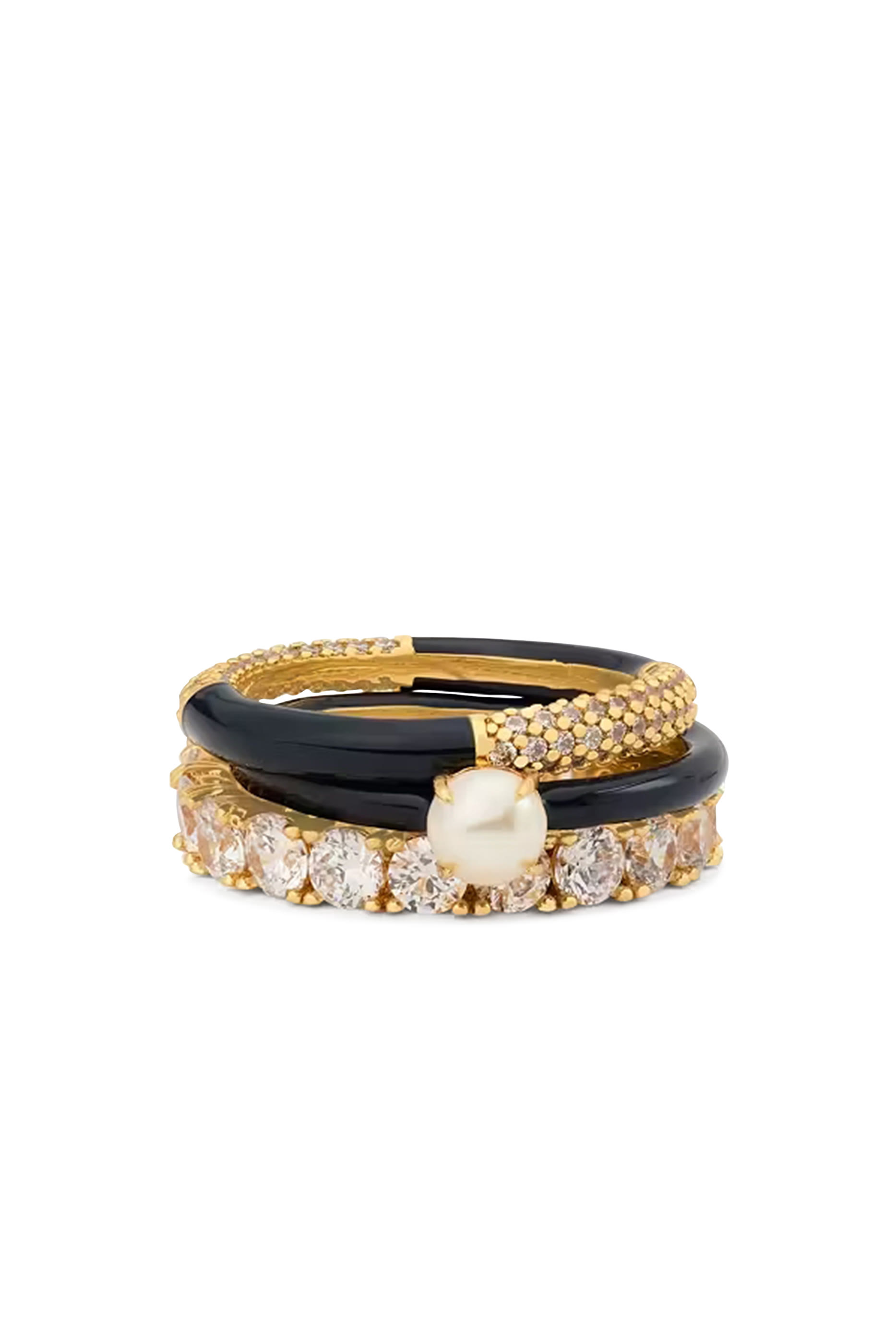 Hint of Shimmer Stacking Ring Set, Plated Metal & Cubic Zirconia, Enamel, Glass Pearl