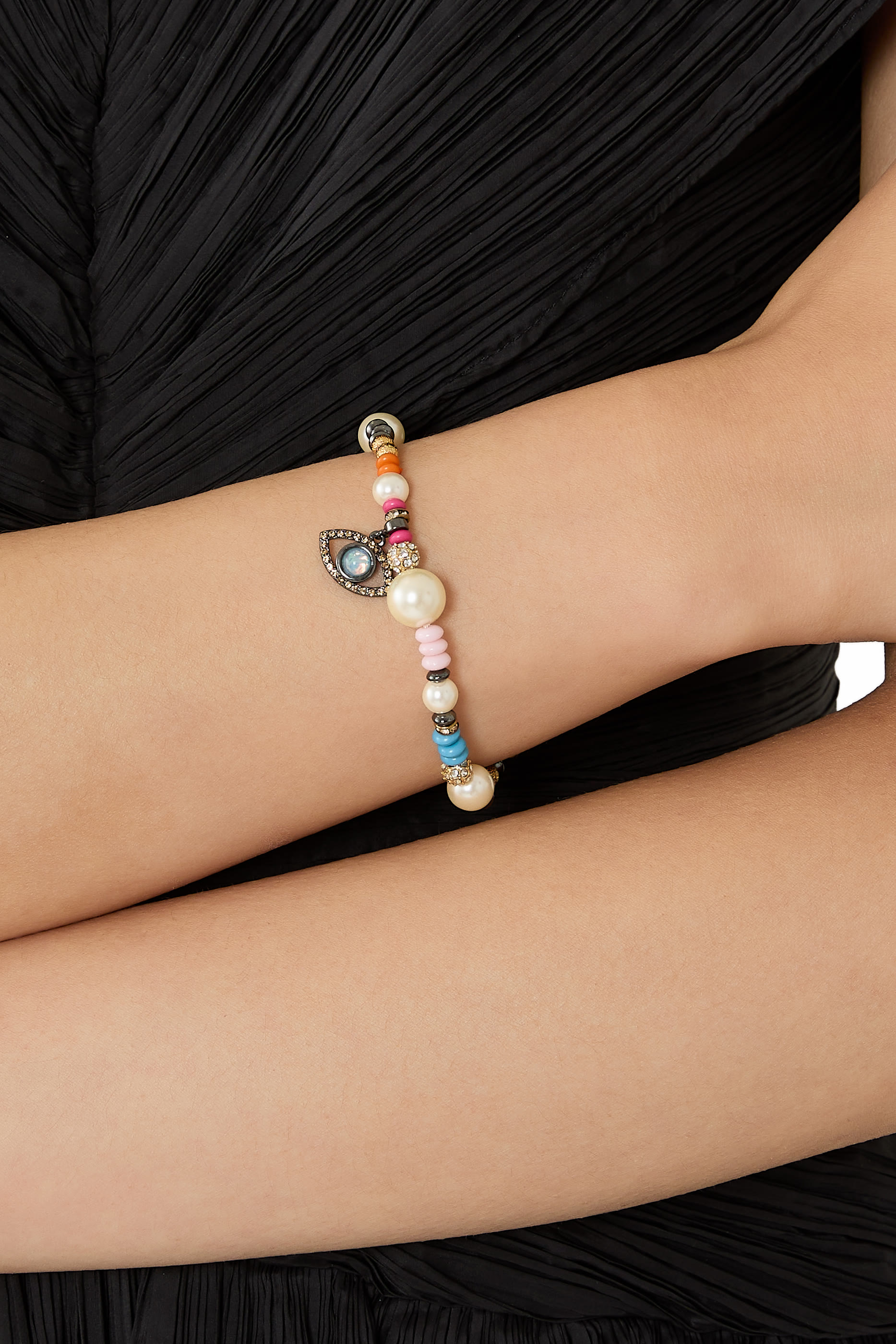 Evil Eye Charm Bead Bracelet, Brass & Acrylic Faux Pearl, Glass, Resin