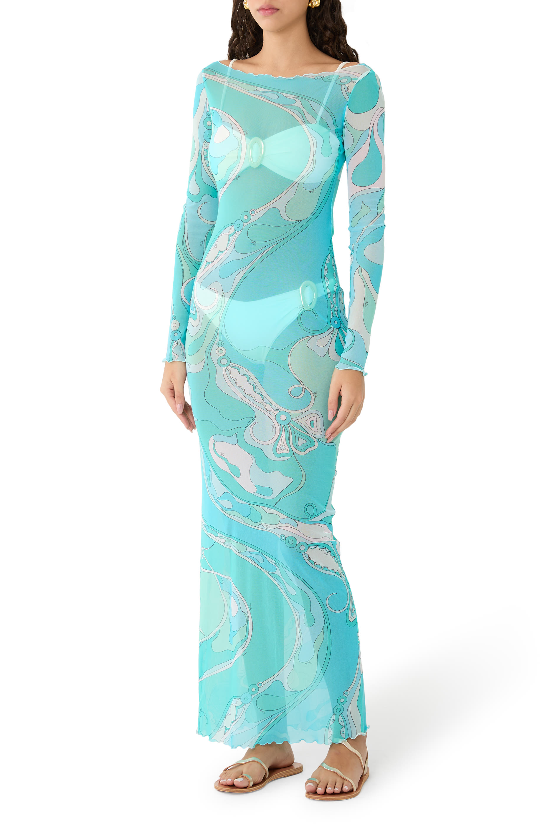 Abito Tulle Long-Sleeve Sheer Maxi Dress