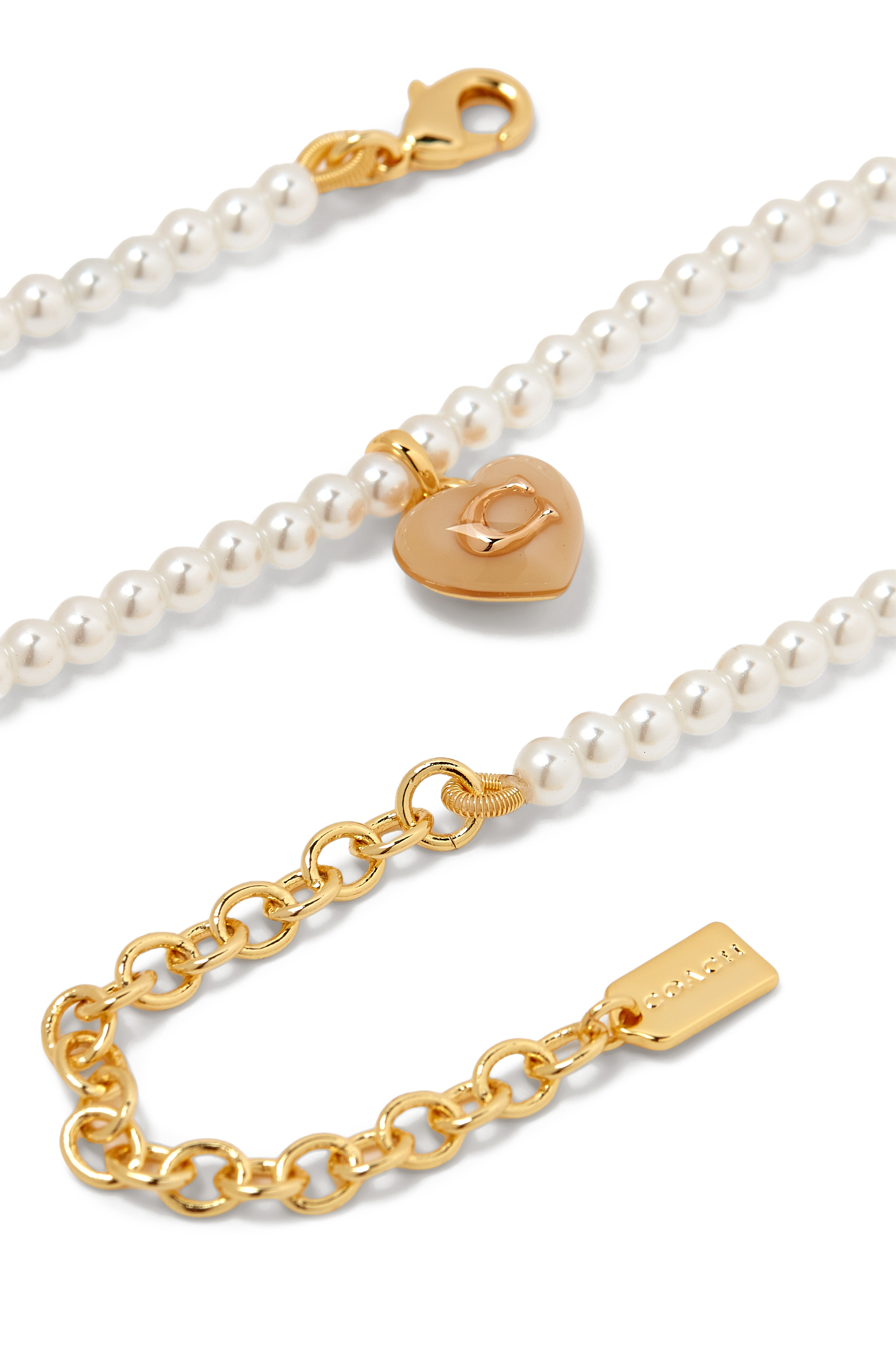 Heart Pearl Choker Necklace, Plated Brass, Glass & Cubic Zirconia, Resin