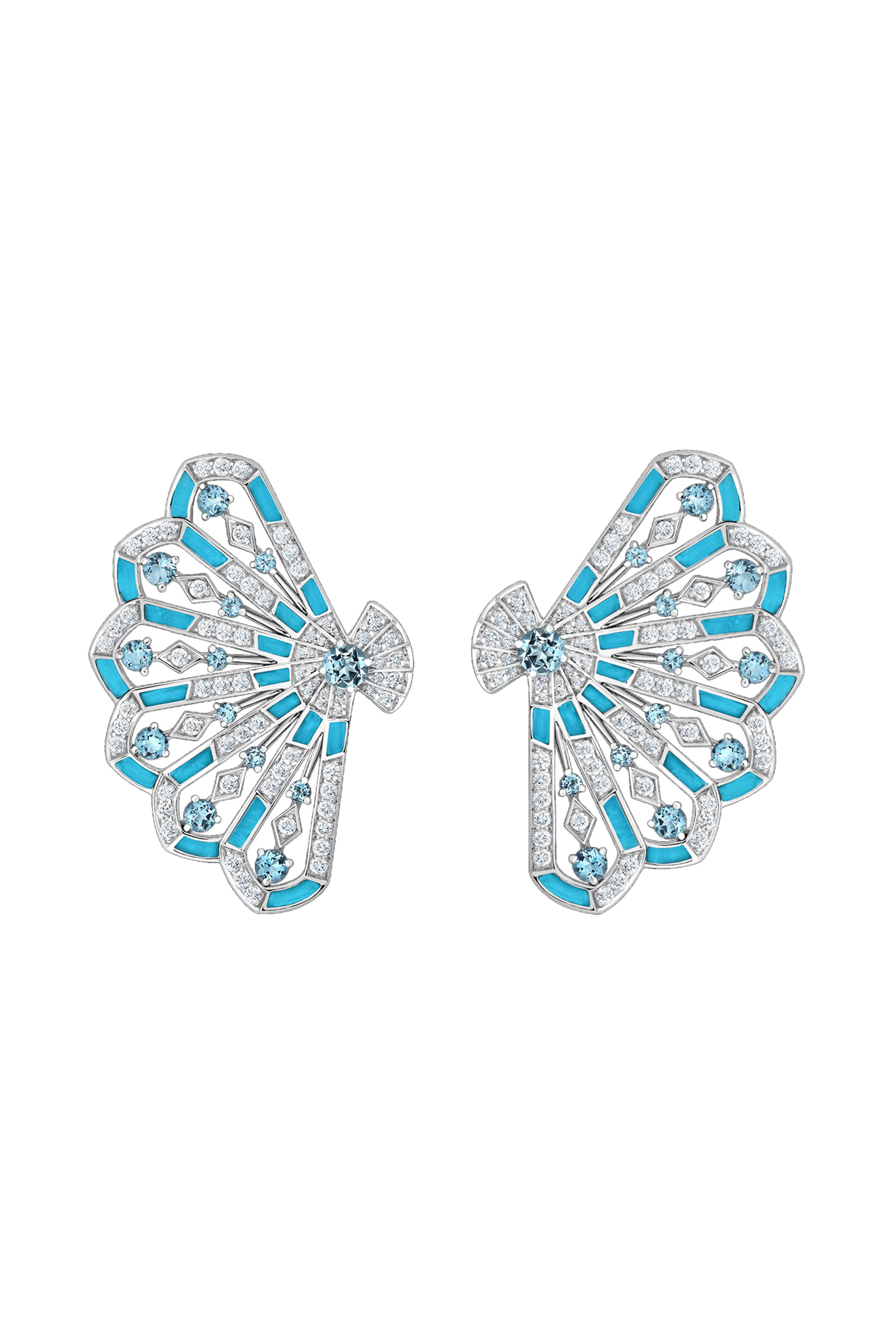 Fanfare Symphony Earrings, 18k White Gold with Diamonds, Aquamarines and Turquoise