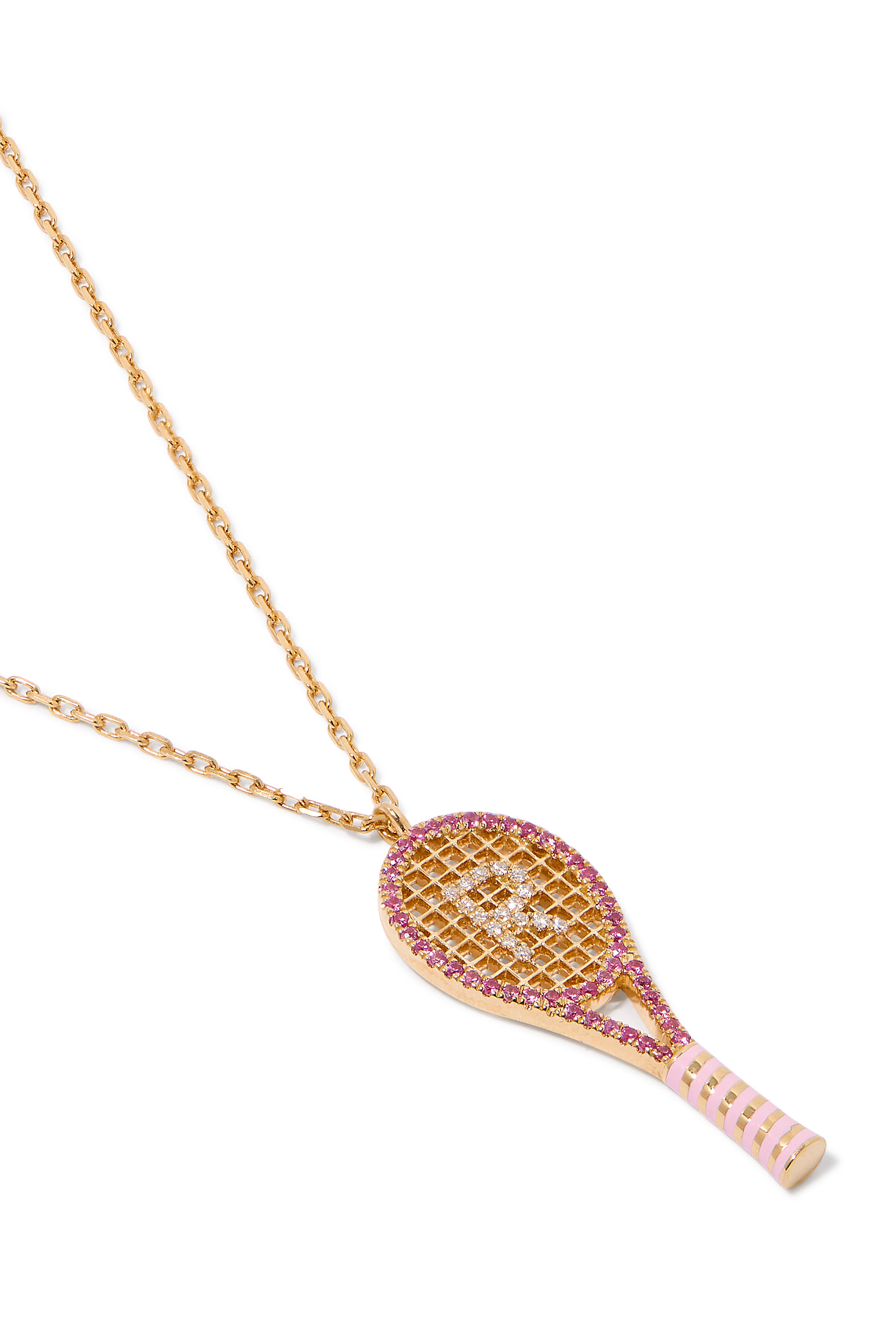 Letter 'R' Tennis Racket Necklace,  18k Yellow Gold with Diamonds & Sapphires