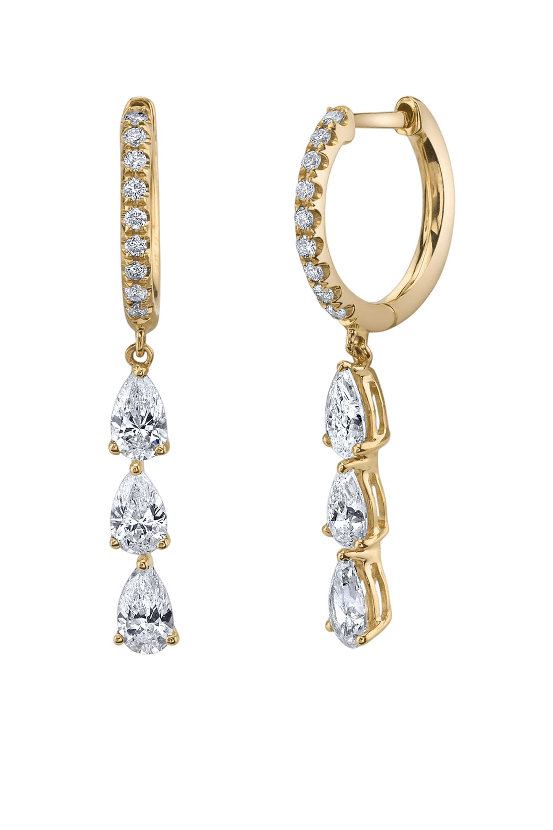 Huggies with Three Diamond Pear Drops, 18k Yellow Gold & Diamonds