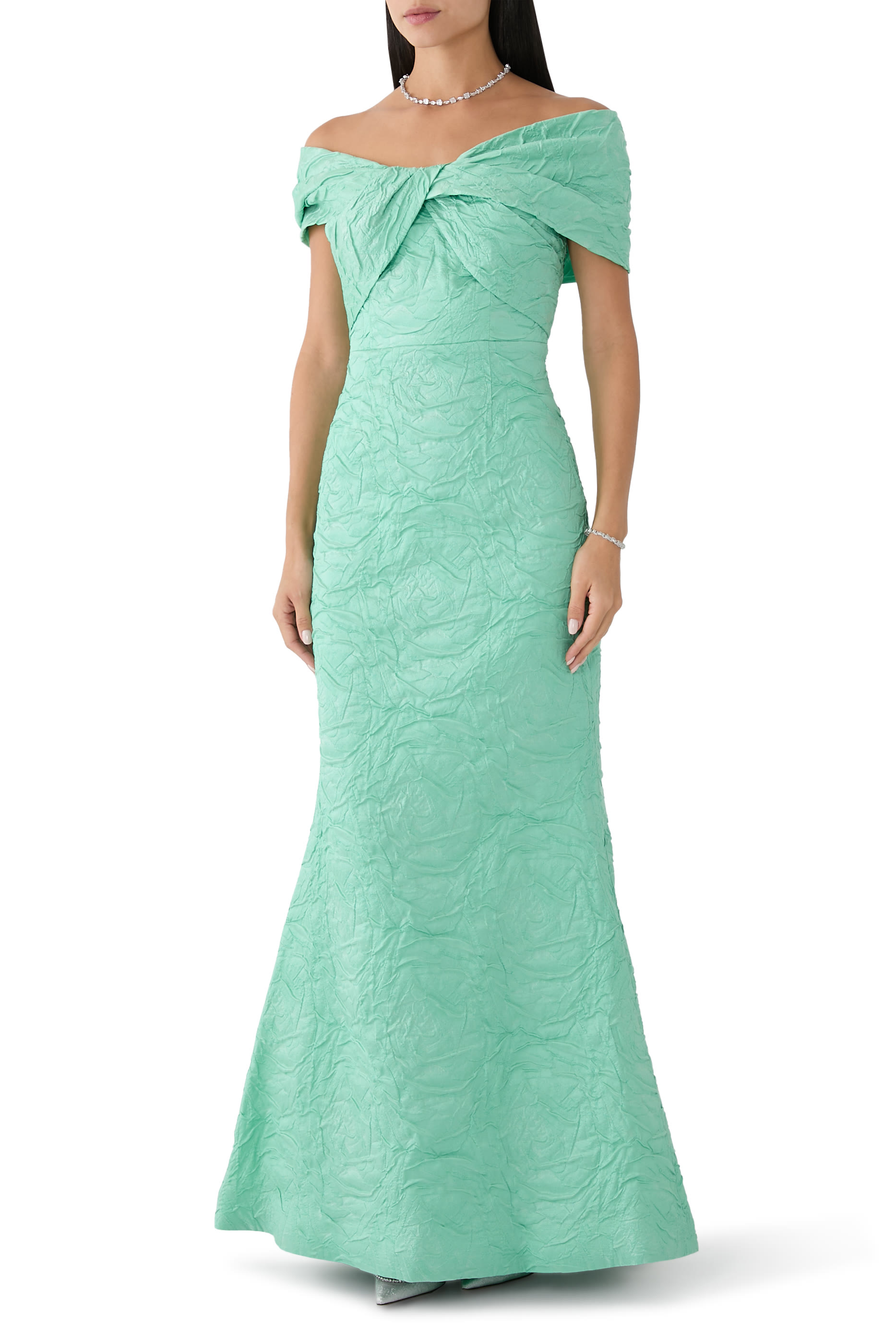 Embossed Jacquard Twist Bodice Gown