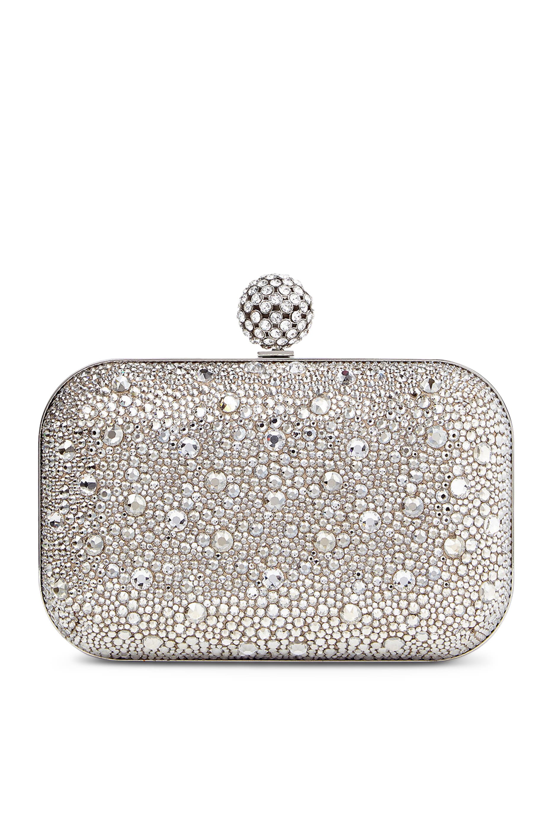 Cloud Shimmer Suede Clutch Bag with Hotfix and Crystal-Encrusted Sphere Clasp