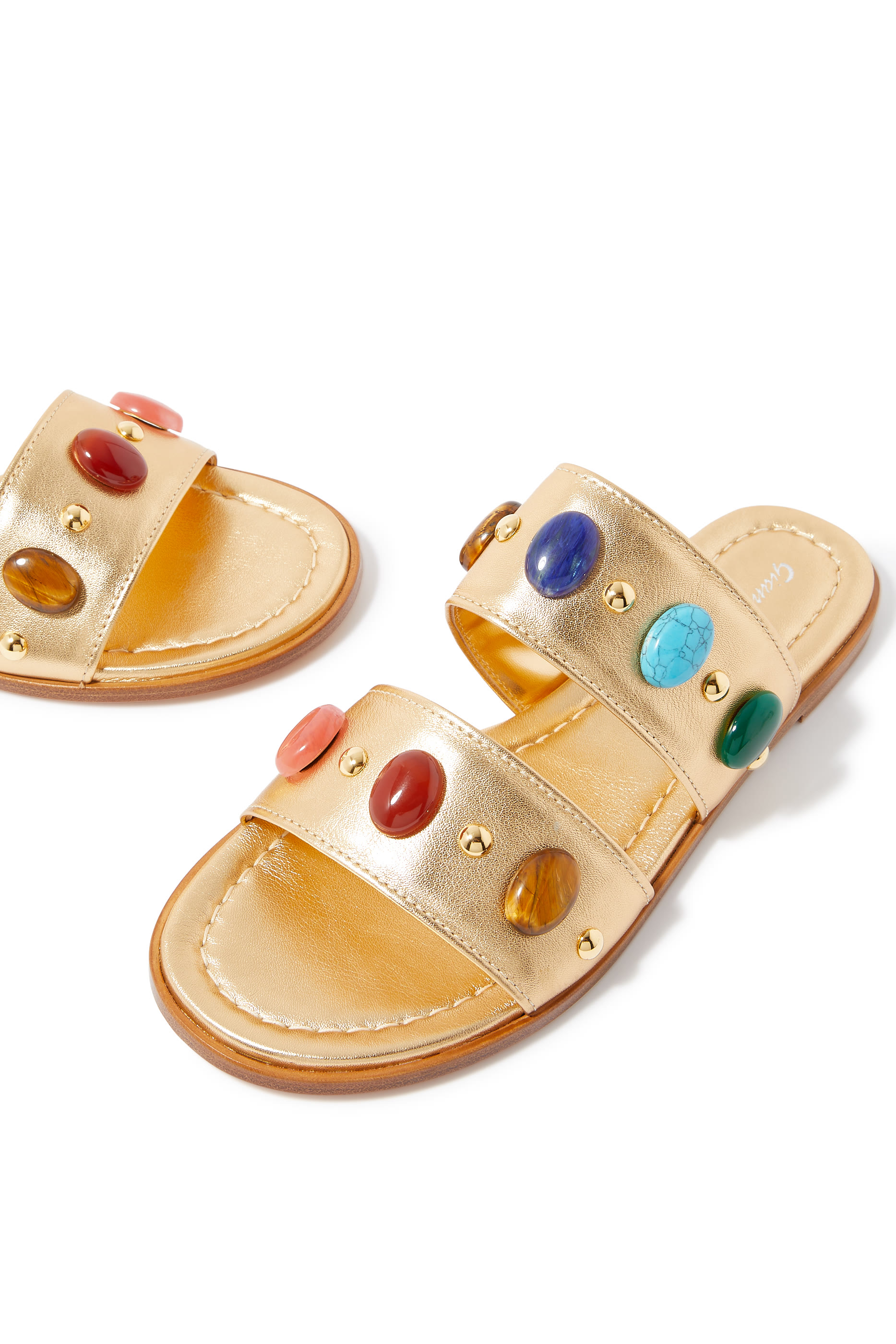 Shanti Metallic Leather Stone Embellished Flat Sandals