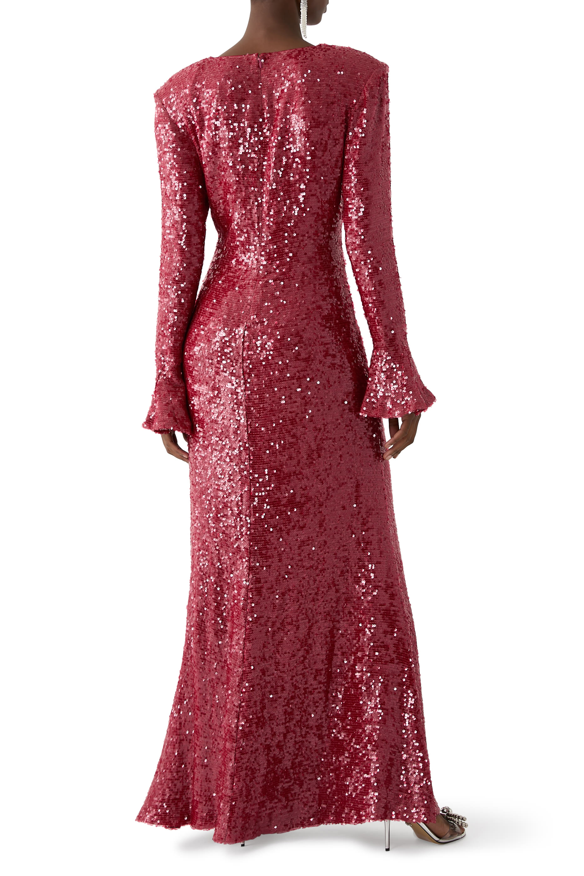 Sequin Flare Sleeve Boatneck Gown