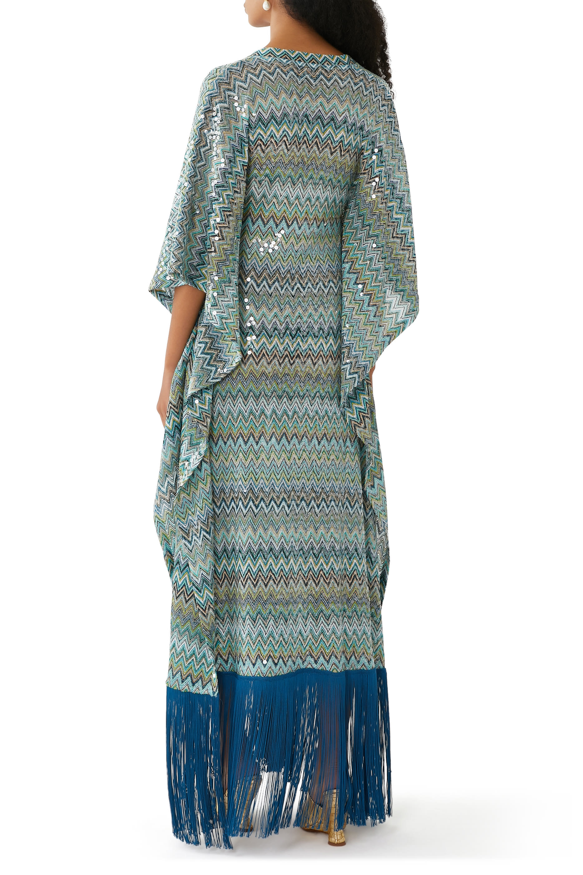 Exclusive Mare Chevron Raschel Sequinned Fringed Maxi Kaftan
