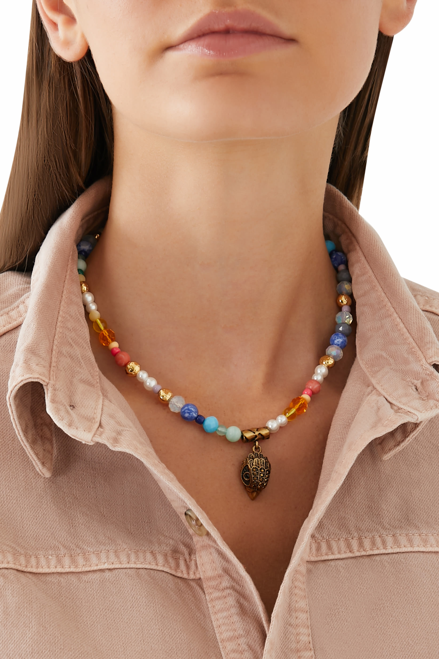 Mixed Bead Eagle Necklace, Brass