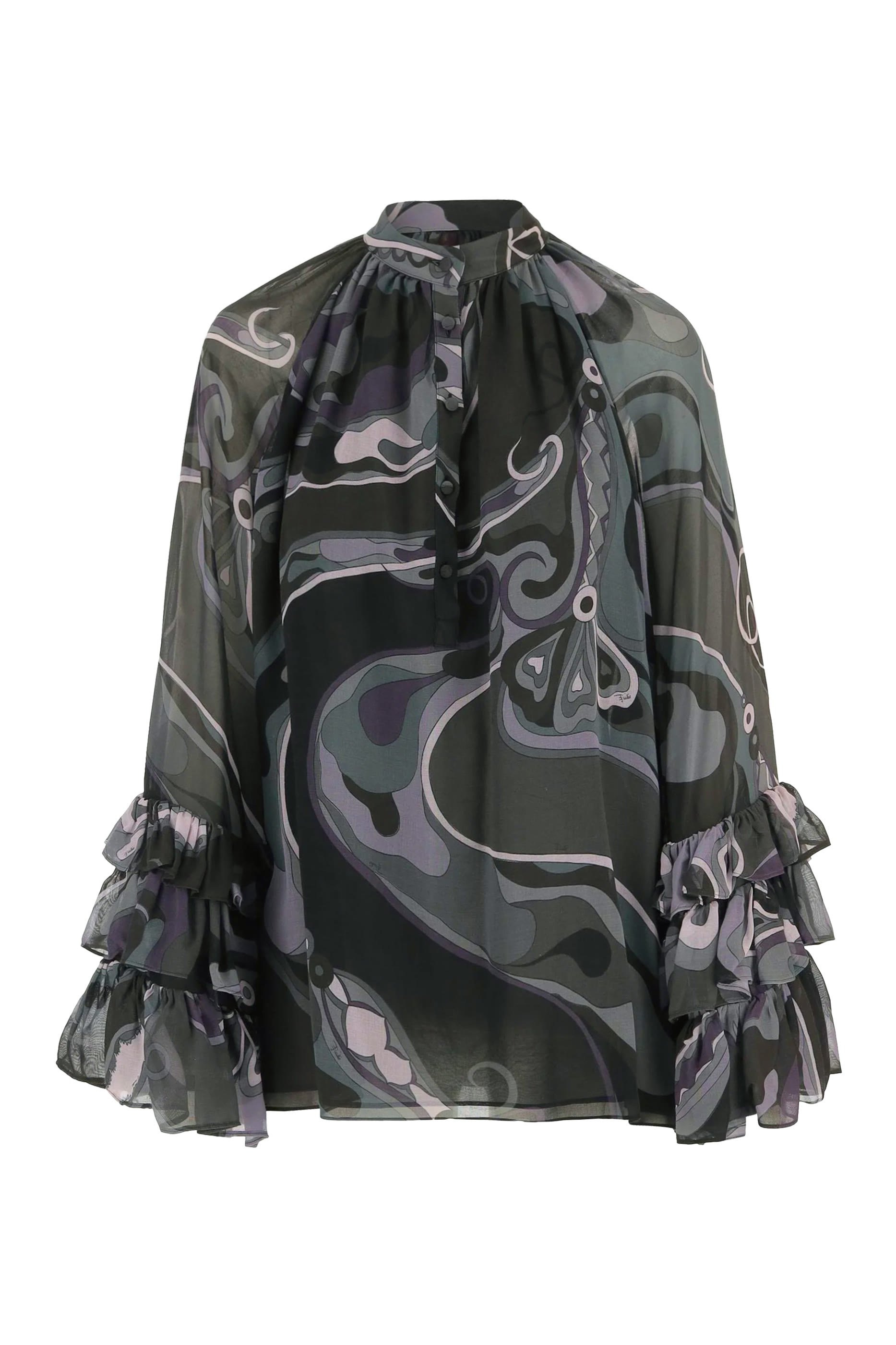 Abstract-Print Ruffled Blouse