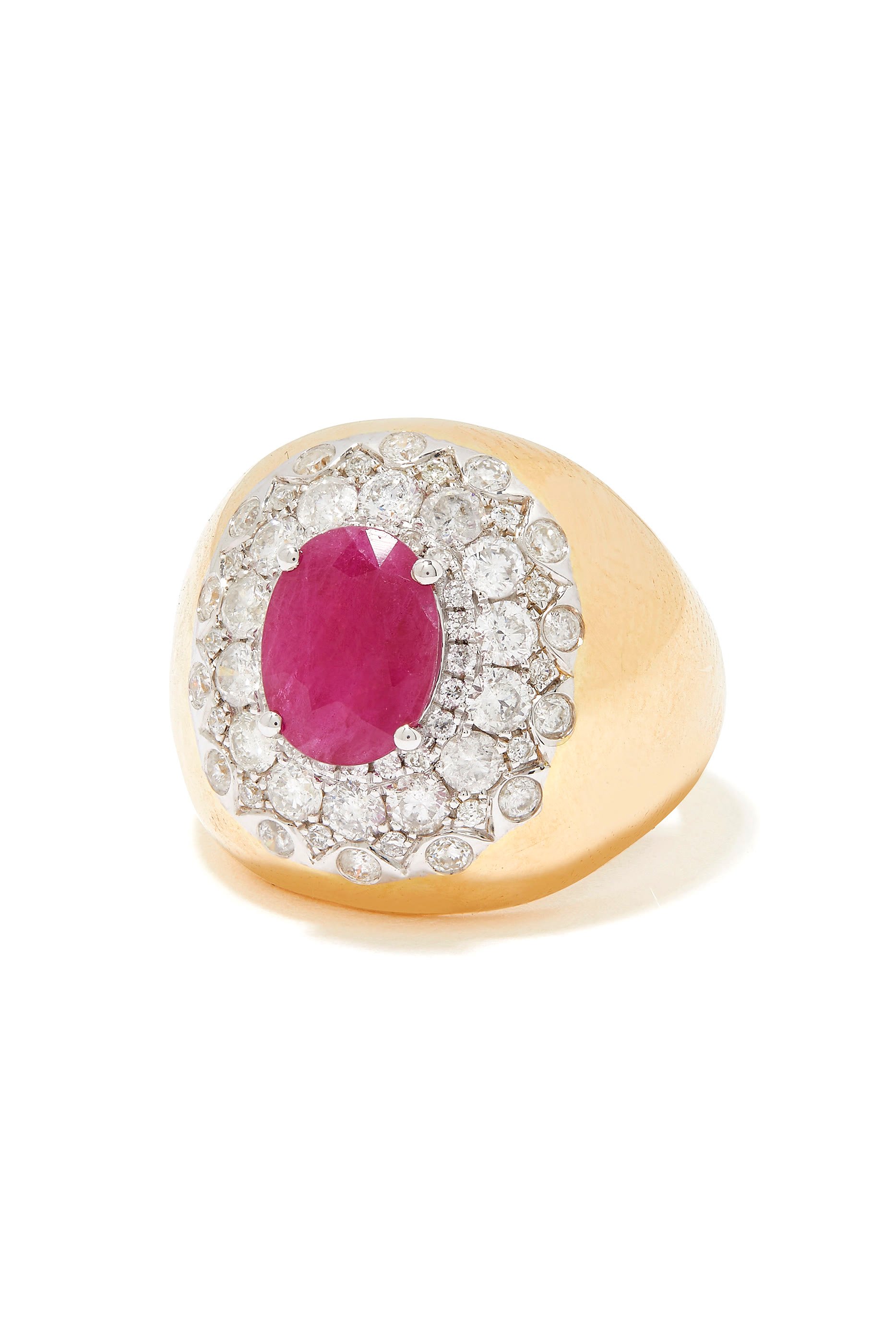 Pompadour Signet Ring, 18k Yellow Gold, Ruby & Diamonds