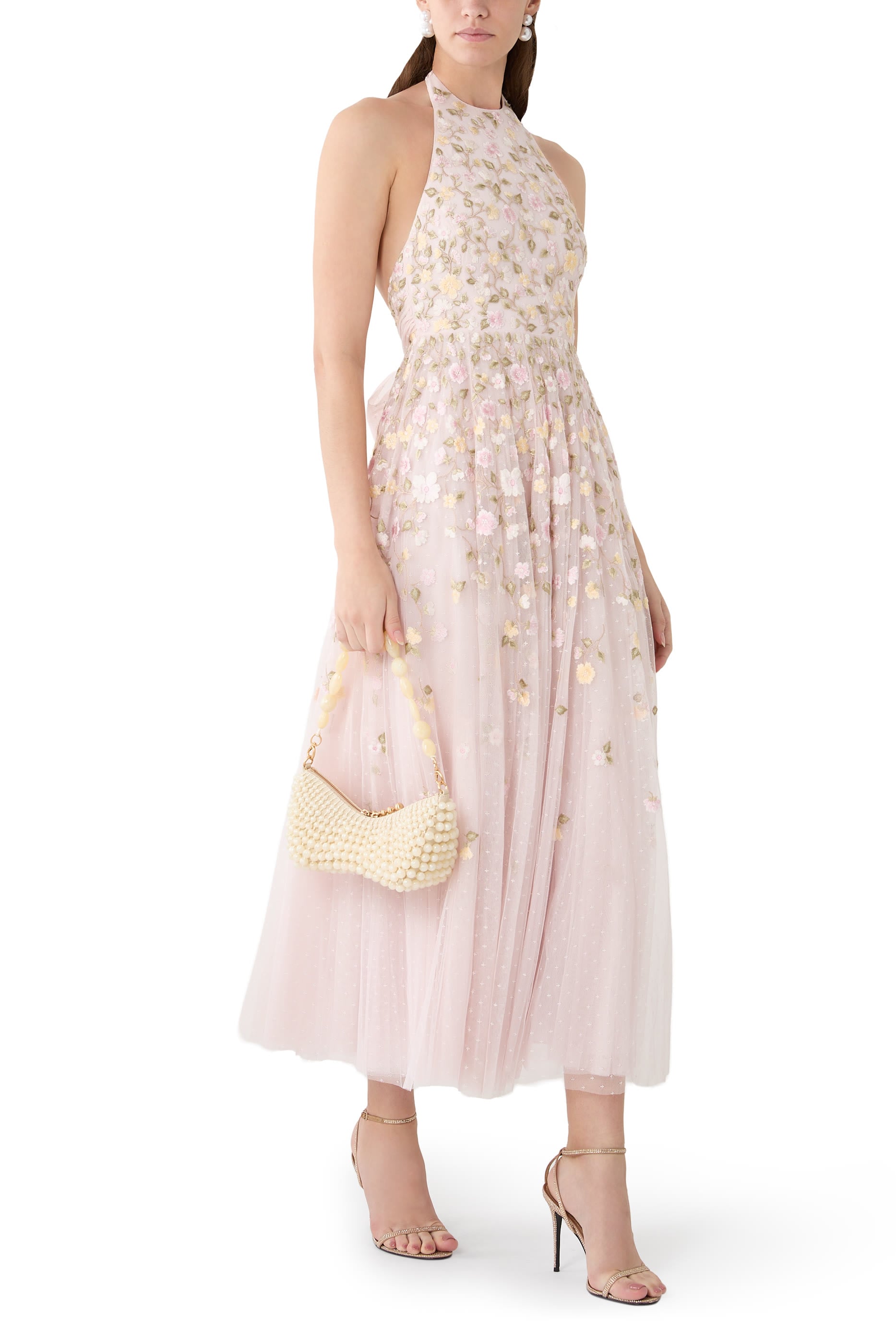 Trailing Roses Halter-Neck Ankle Gown