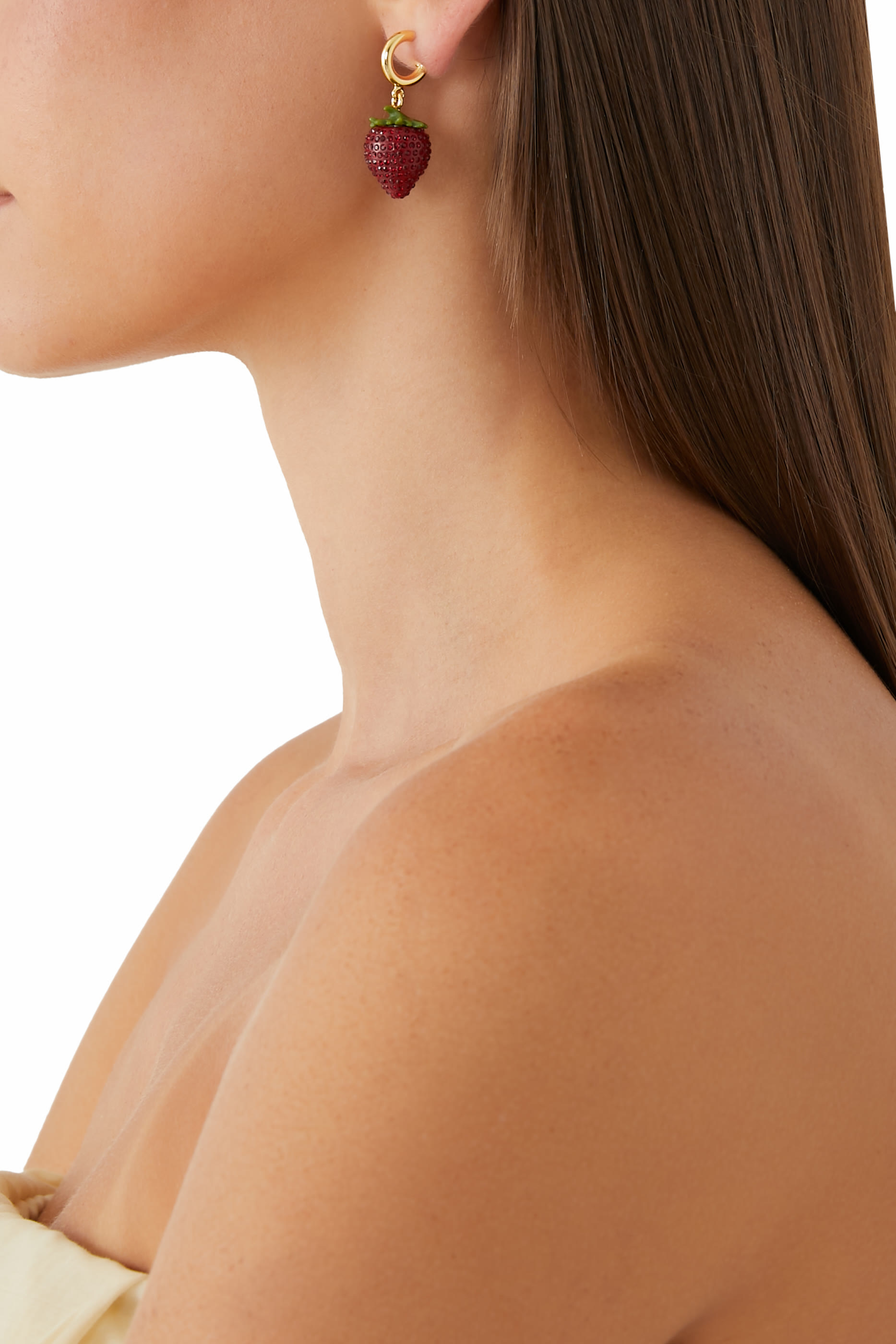 Pav&eacute; Strawberry Huggie Earrings, Brass & Crystal