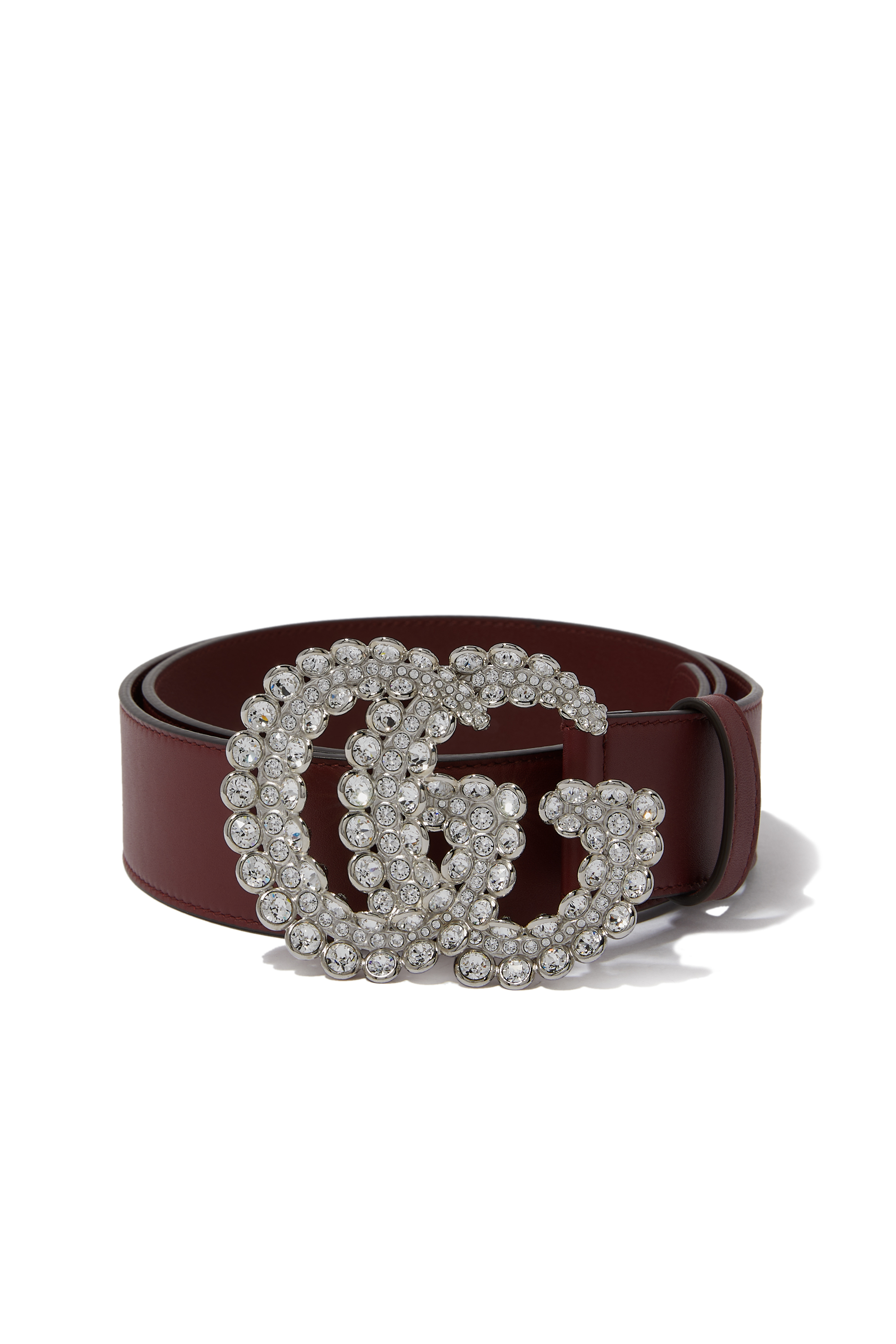 Leather Belt With Crystal Double G Buckle