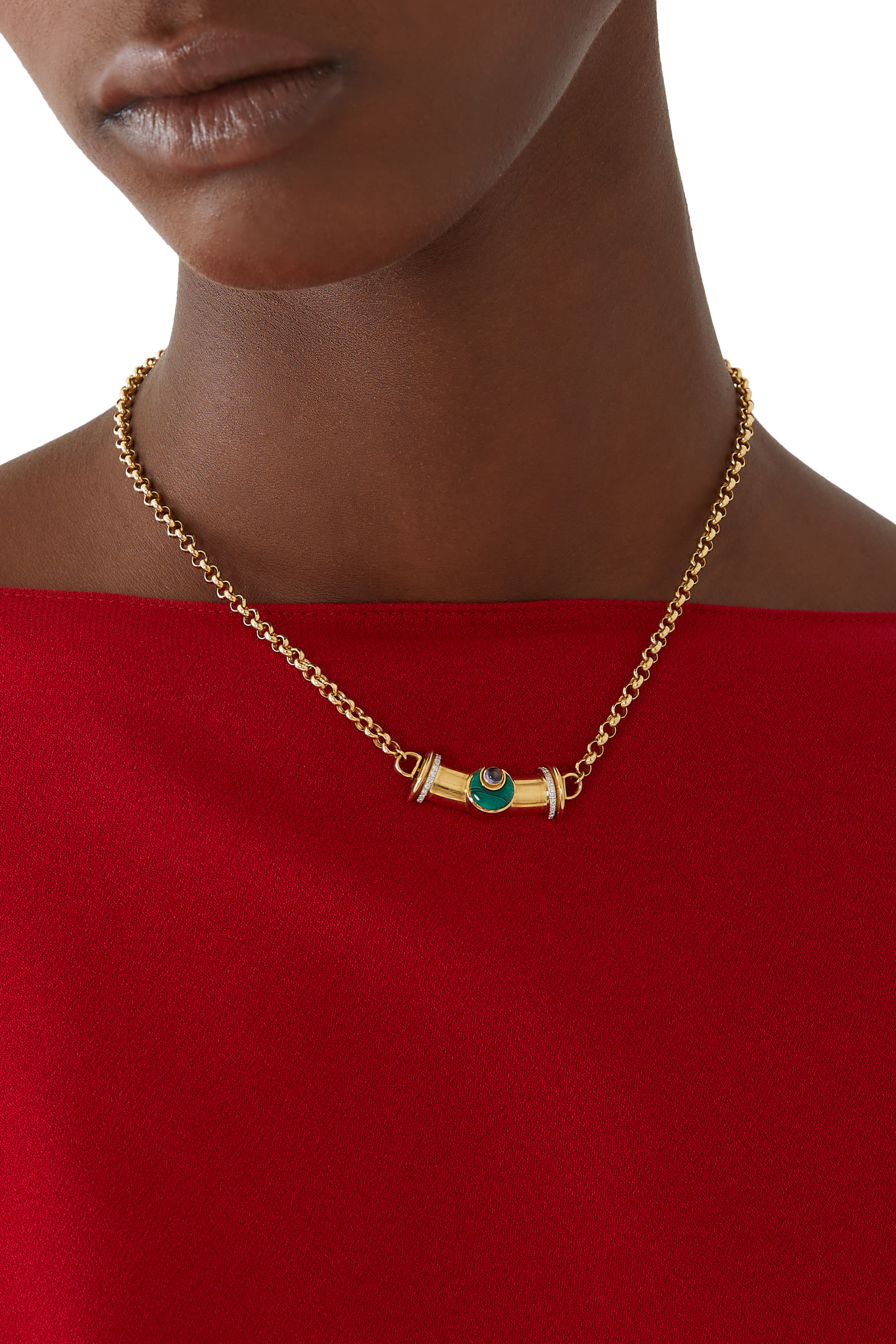 Warrior Moon Necklace, 18k Yellow Gold with Diamonds, Malachite & Amethyst