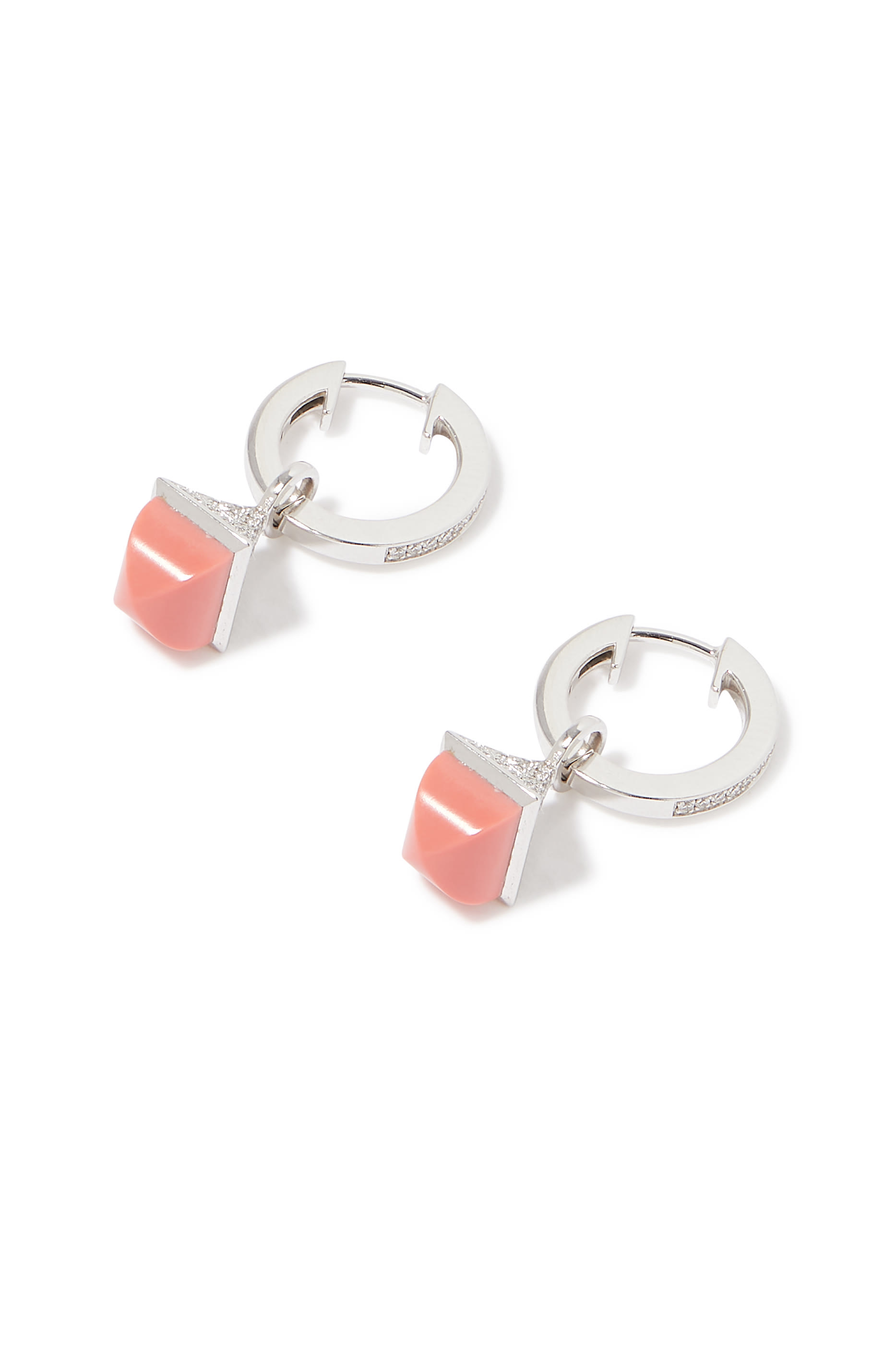 Cleo Mini Rev Drop Earrings, 18k White Gold with Pink Coral & Diamonds