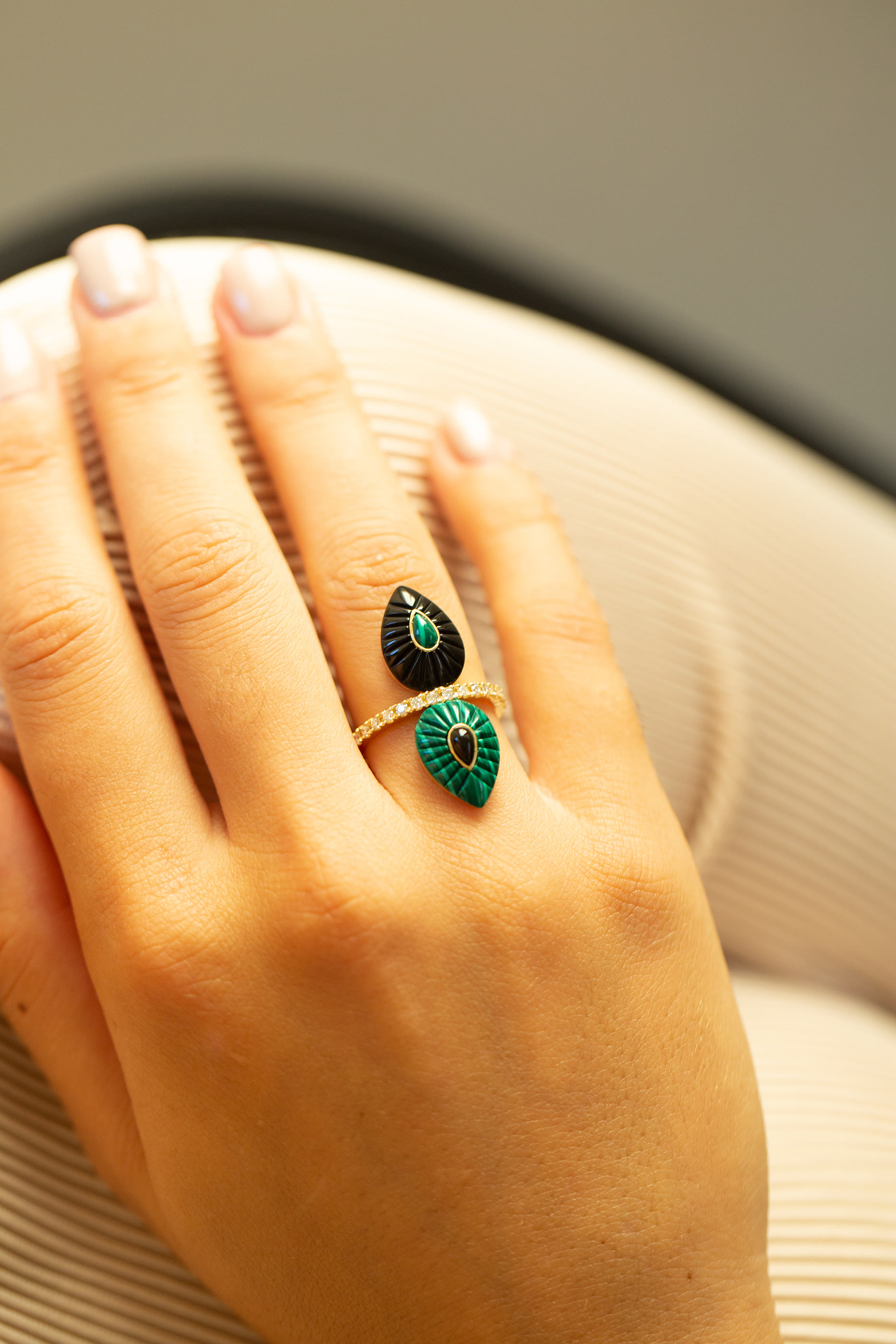 Bond Street Ring, 18k Yellow Gold with Diamond & Malachite