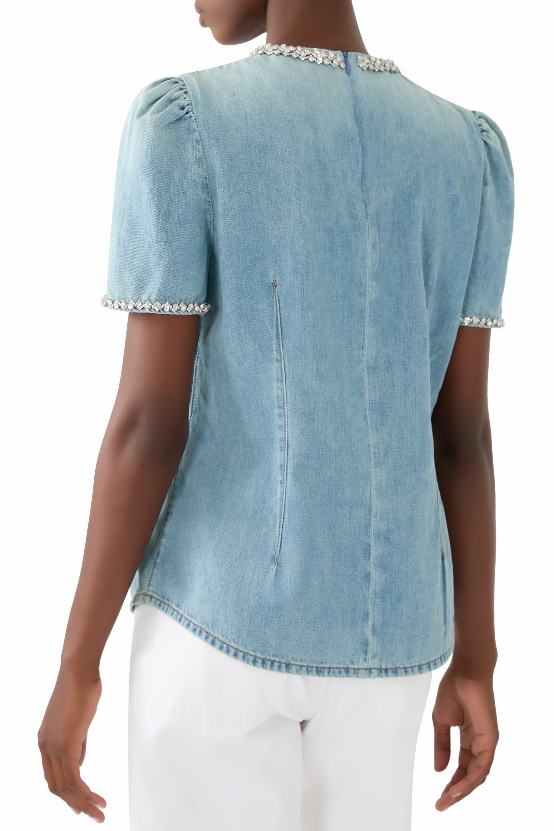 Crush Crystal-Embellished Gathered Denim Top
