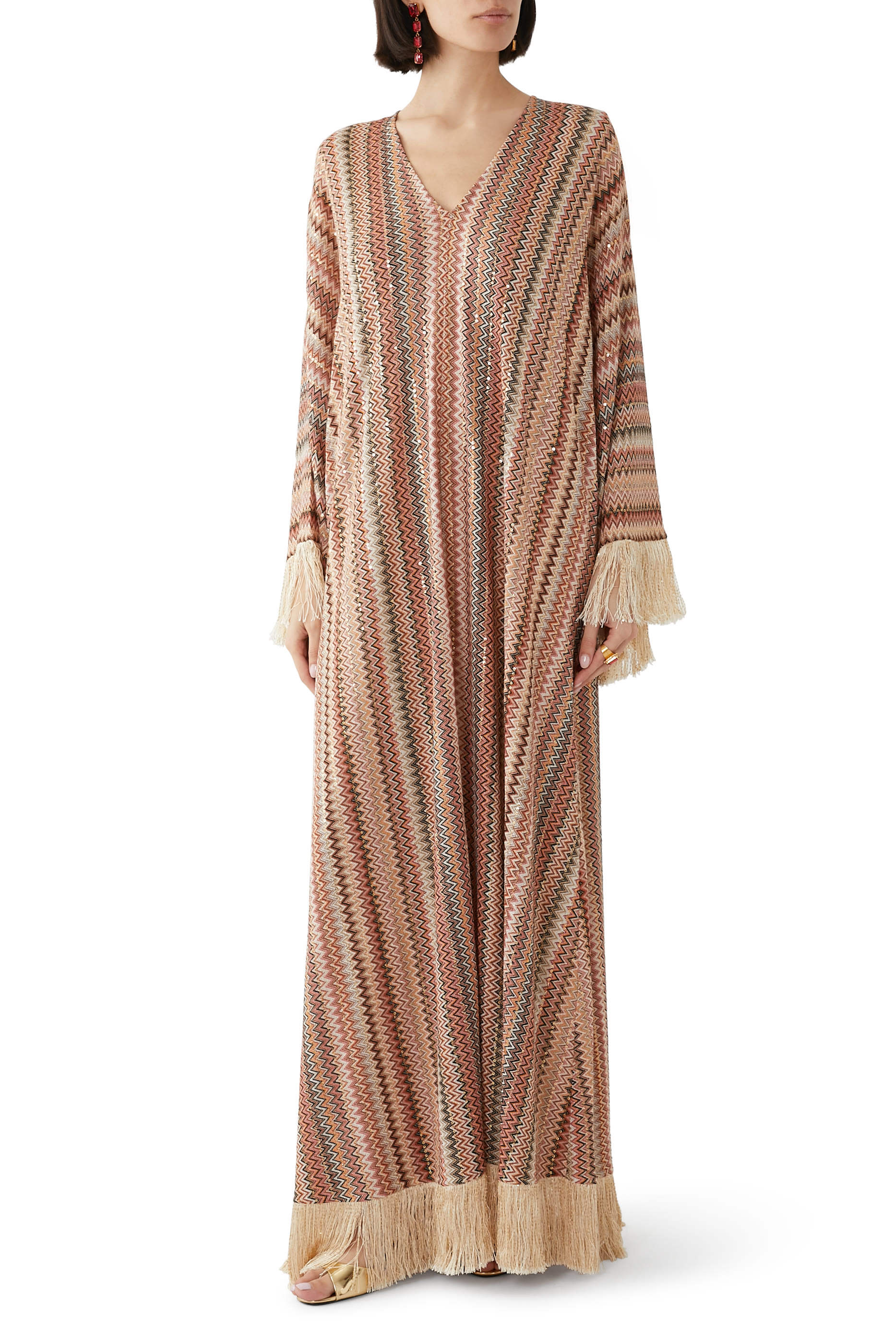 Exclusive Chevron Raschel Sequinned Fringed Scarf Maxi Kaftan