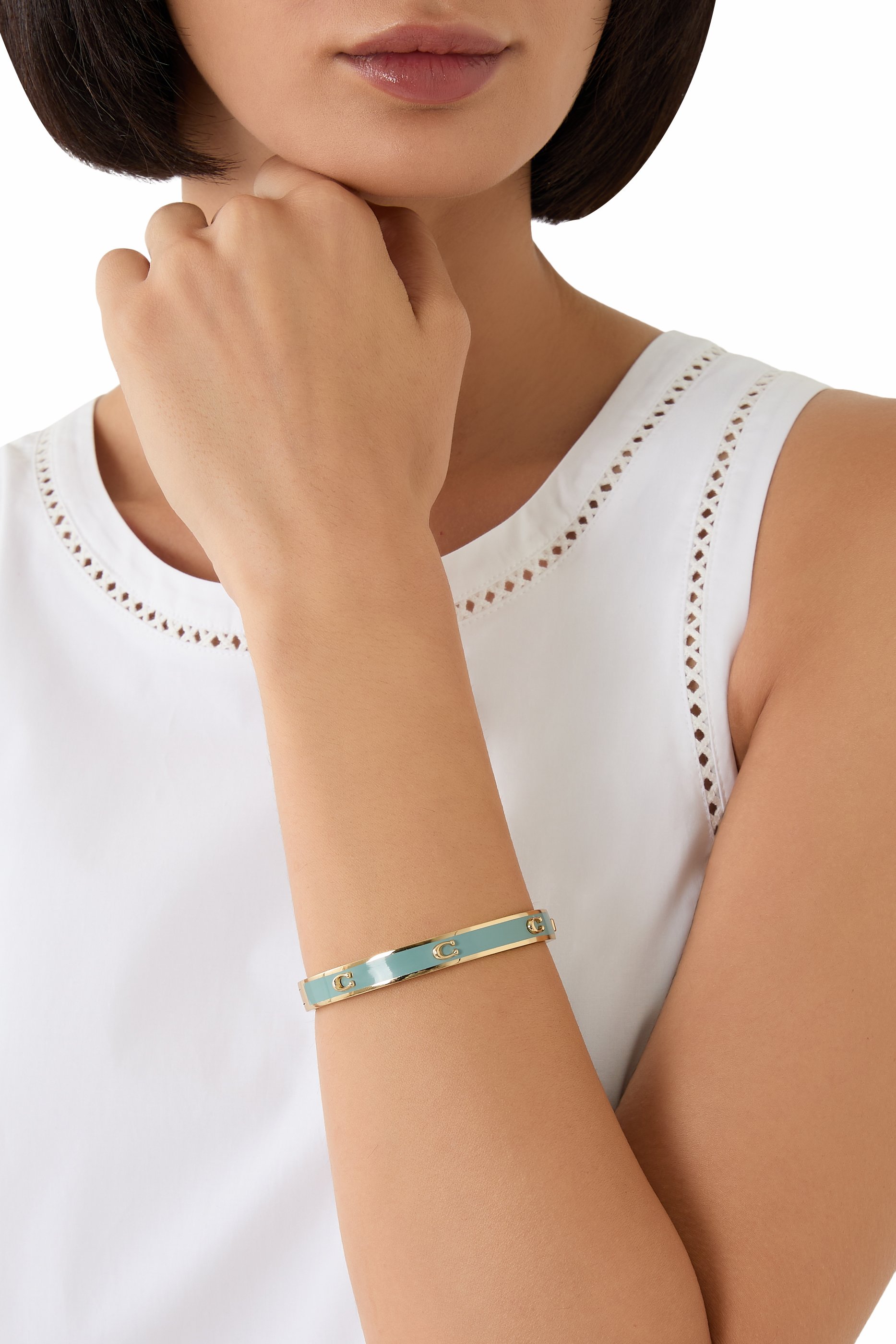 Pegged C Enamel Hinged Bangle Bracelet