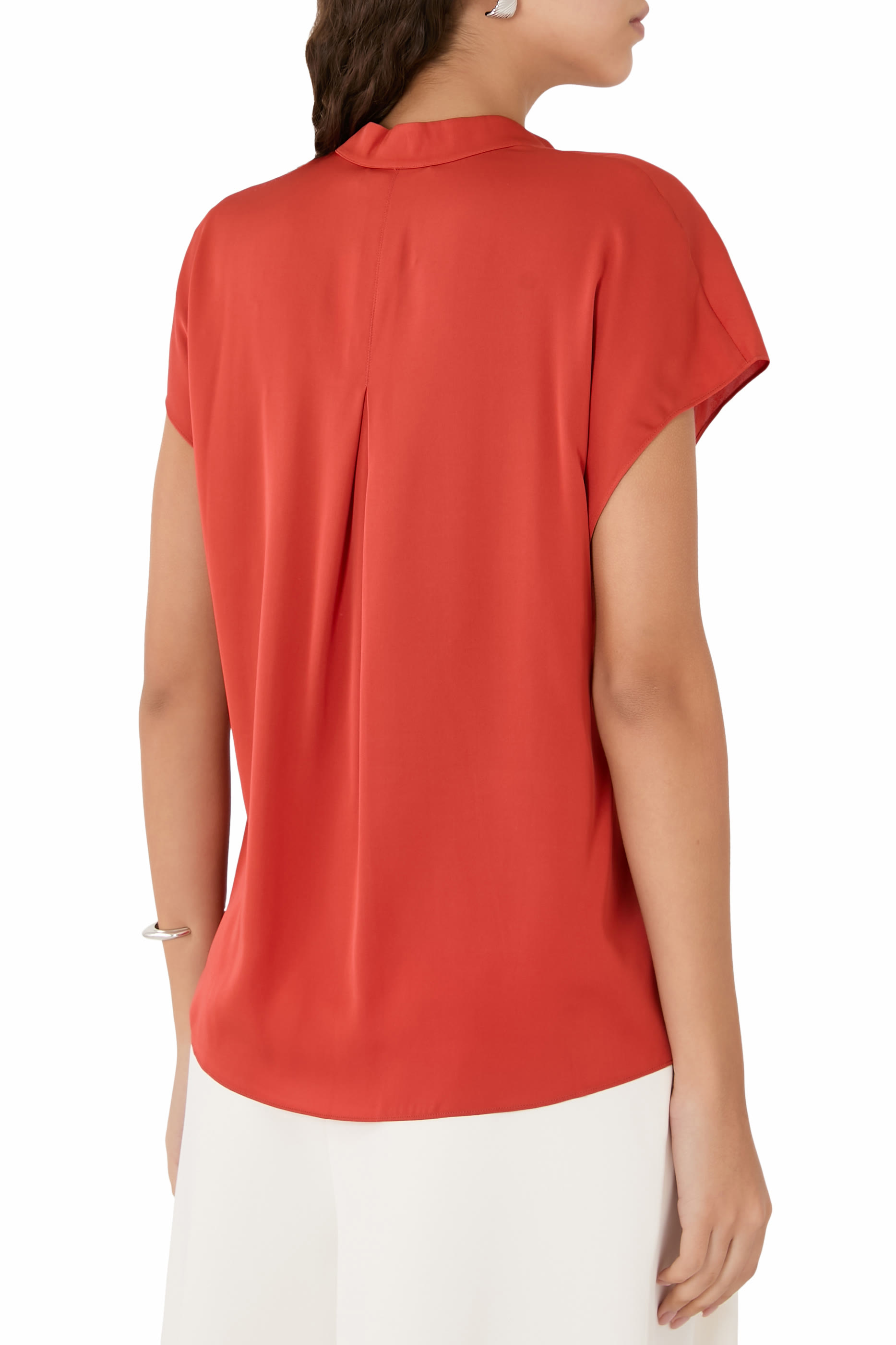 Contrast-Placket Stretch-Silk Cap-Sleeve Blouse